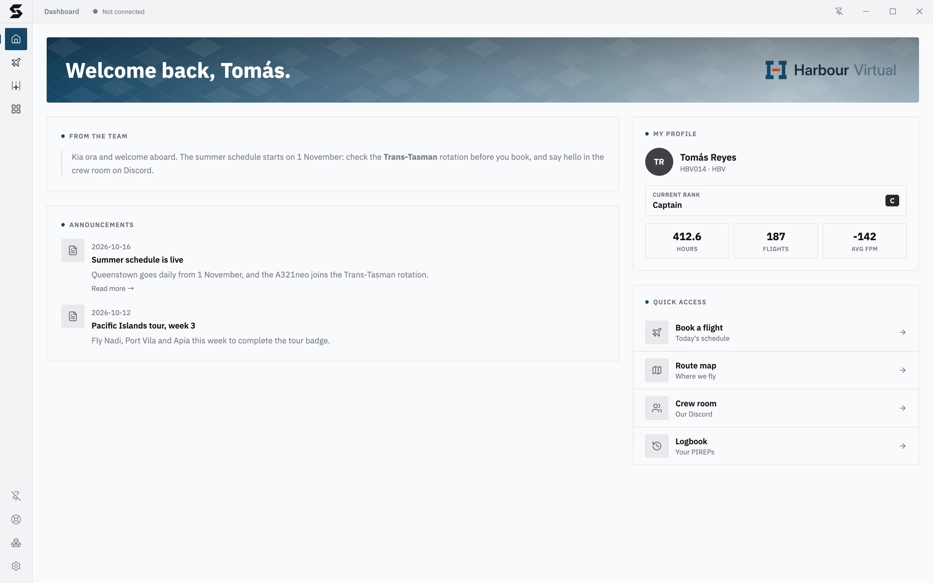 The Dashboard: the welcome banner, From the Team, Harbour Virtual's announcements, My Profile and Quick Access