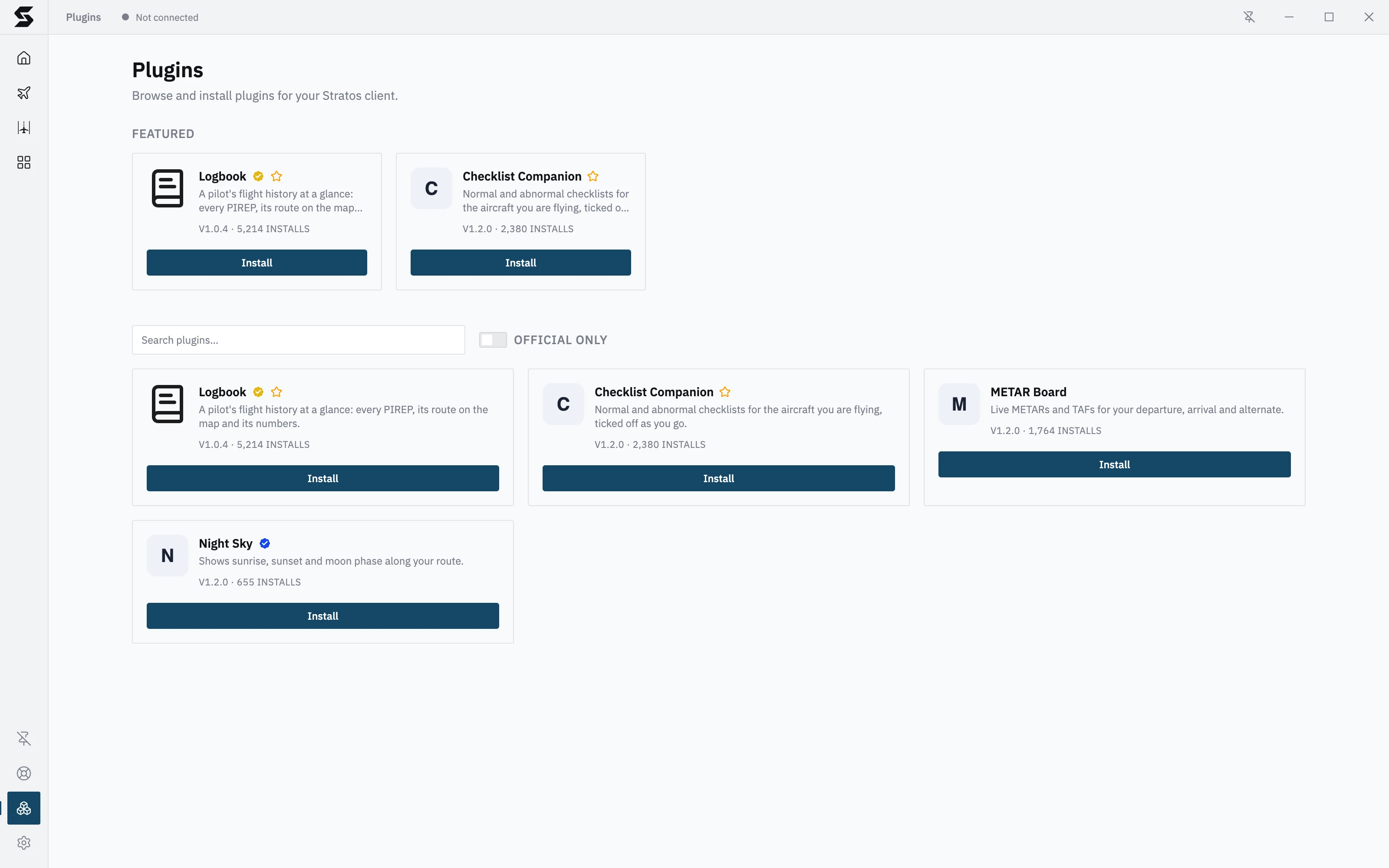 The plugin catalogue: featured plugins, search, Official only, and every plugin with its tick, version and installs