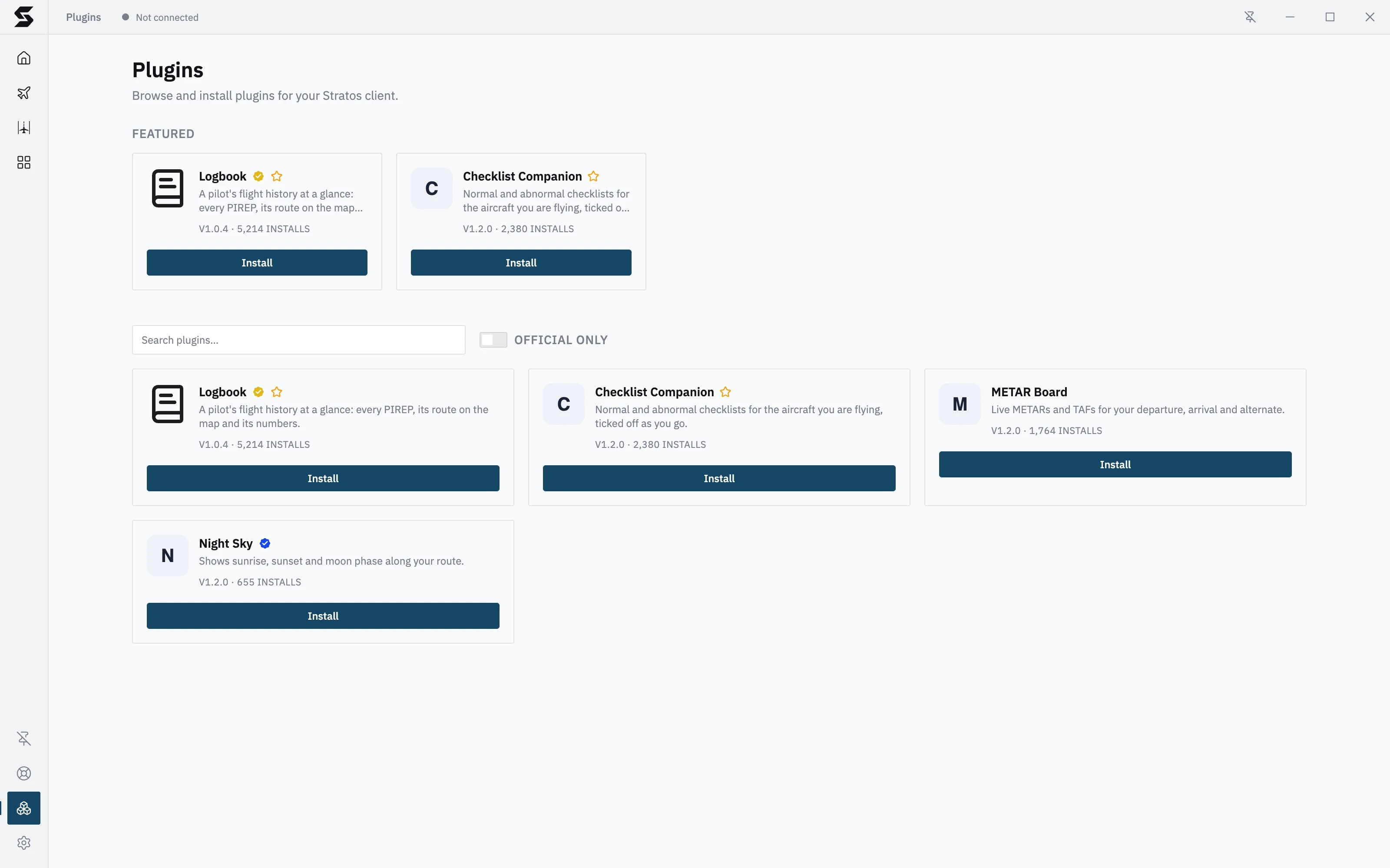 The plugin catalogue: featured plugins, search, Official only, and every plugin with its tick, version and installs