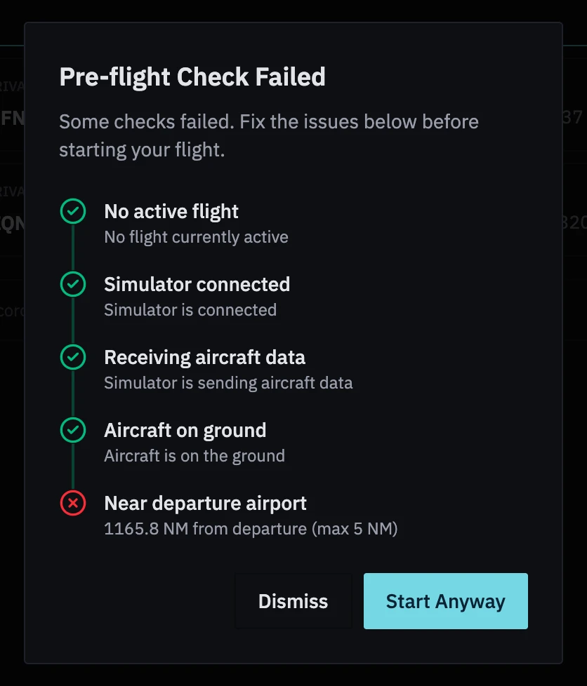 Pre-flight Check Failed: every check ticked except Near departure airport, because the aircraft is parked at Sydney, with Dismiss and Start Anyway