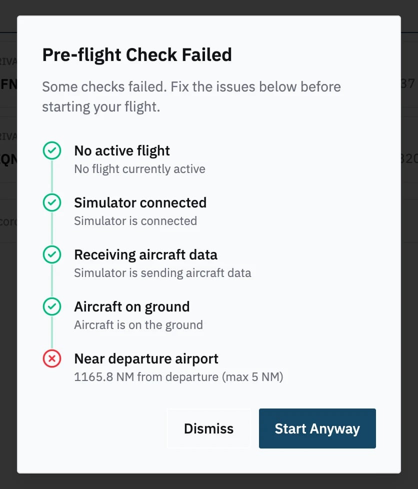 Pre-flight Check Failed: every check ticked except Near departure airport, because the aircraft is parked at Sydney, with Dismiss and Start Anyway