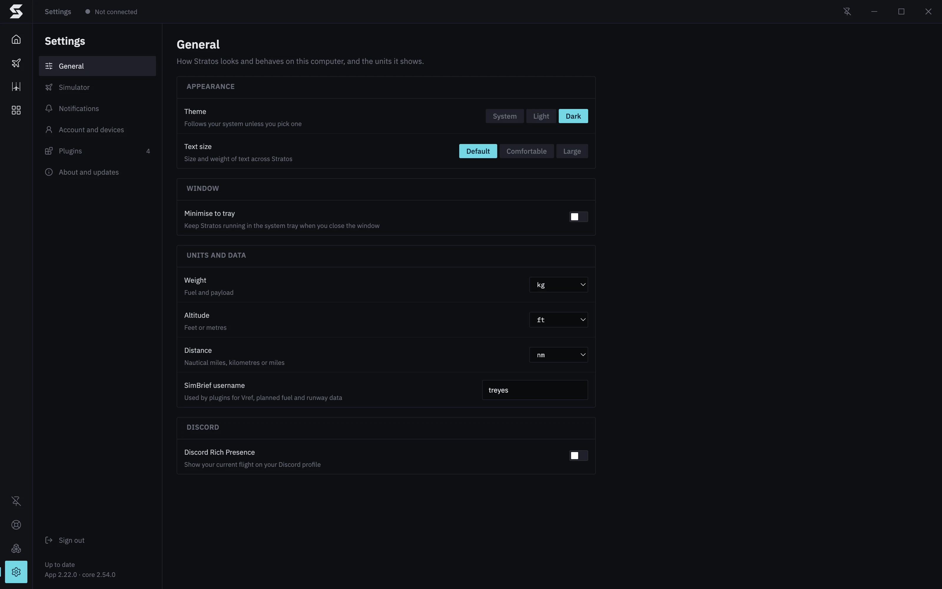Stratos Settings, General section: Appearance (theme and text size), Window, and Units and data with the SimBrief username