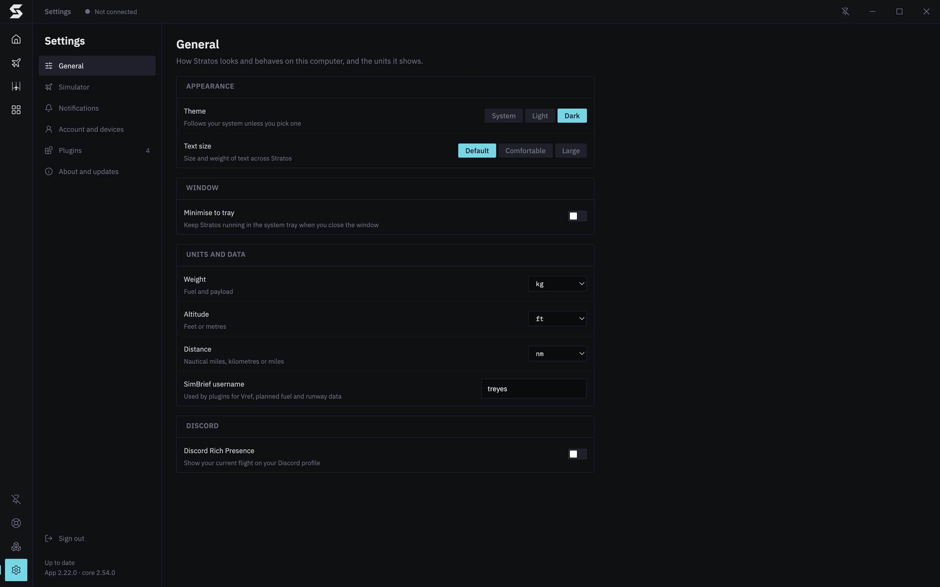 Stratos Settings, General section: Appearance (theme and text size), Window, and Units and data with the SimBrief username