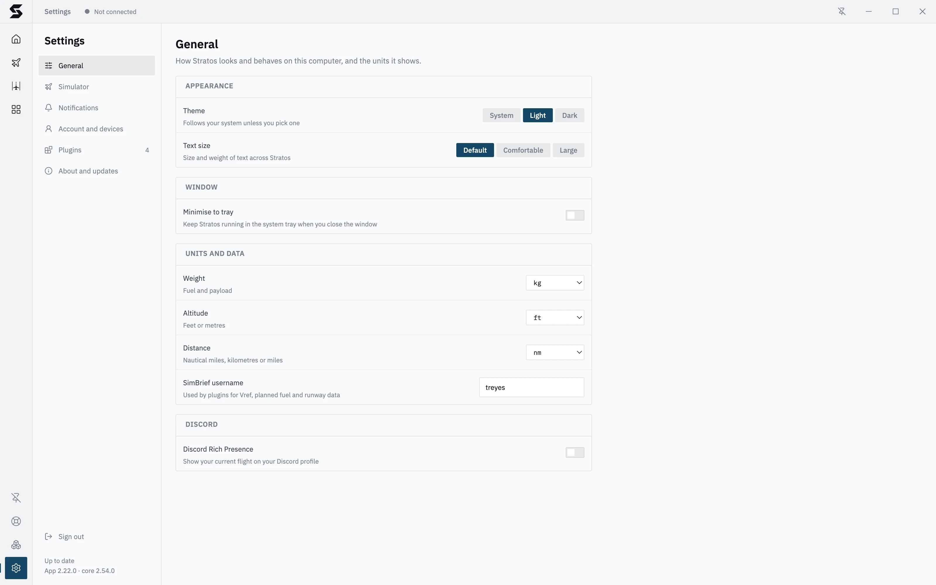 Stratos Settings, General section: Appearance (theme and text size), Window, and Units and data with the SimBrief username