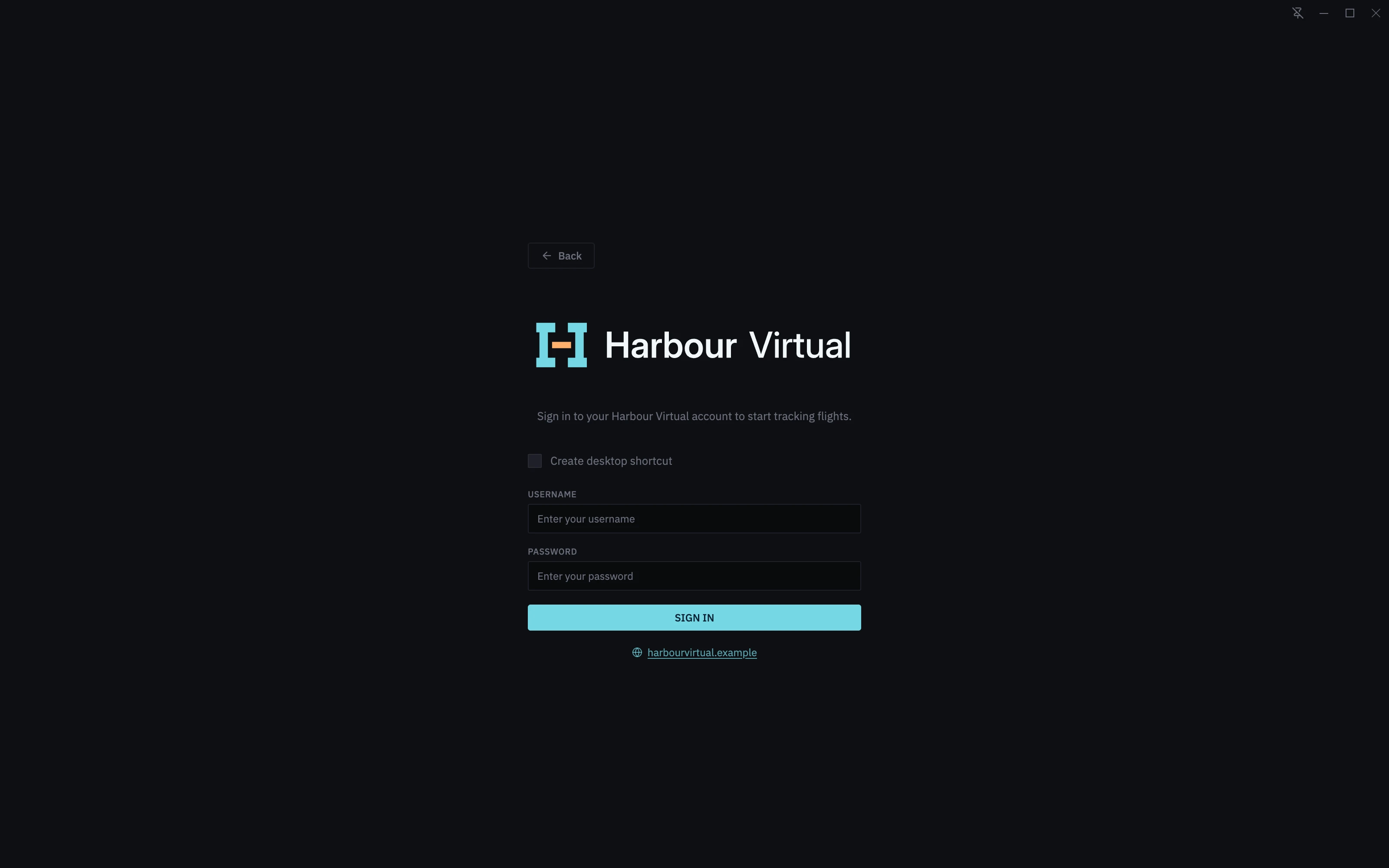 Harbour Virtual's sign-in page in Stratos: Create desktop shortcut, username and password, Sign In, and Back