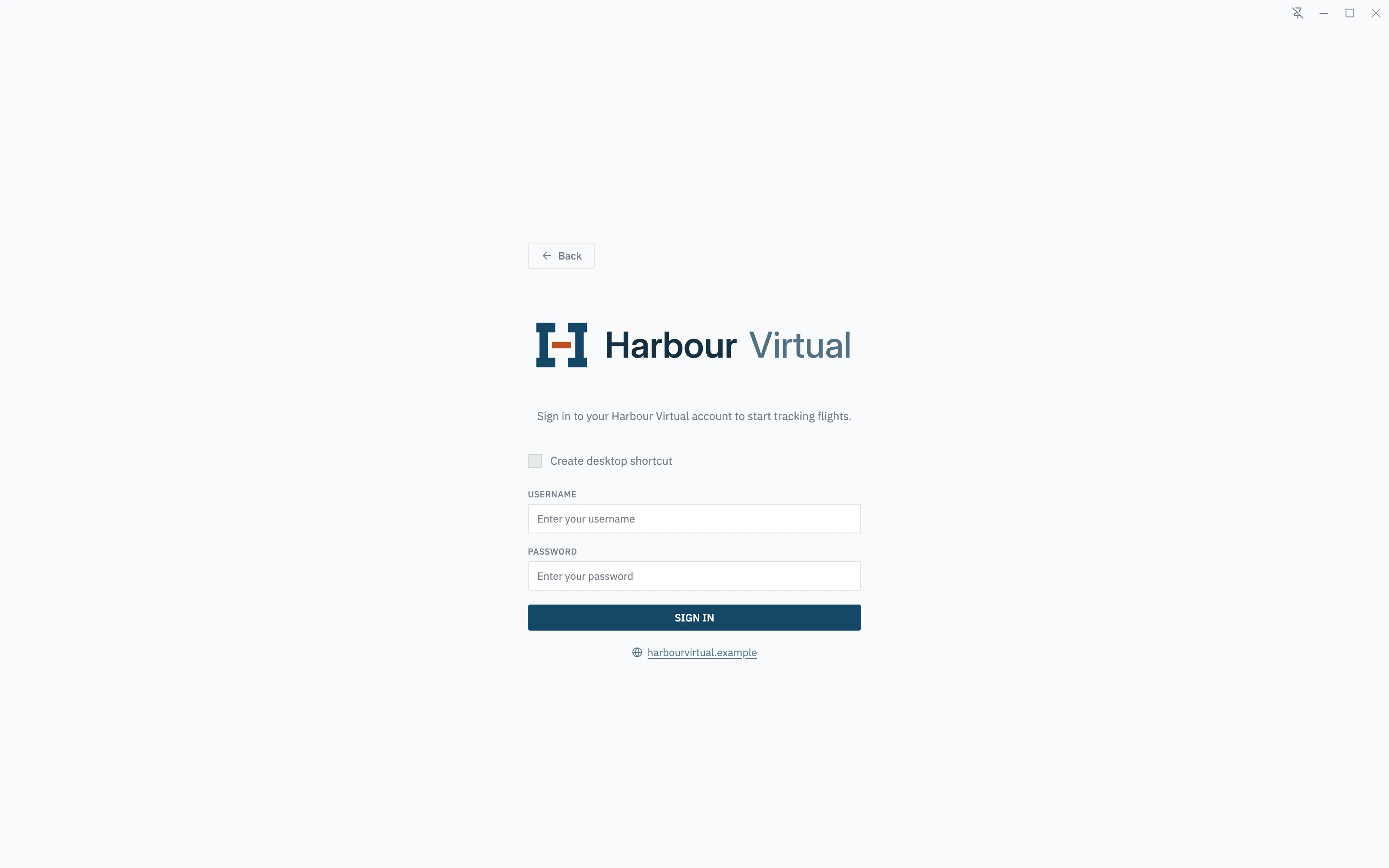 Harbour Virtual's sign-in page in Stratos: Create desktop shortcut, username and password, Sign In, and Back