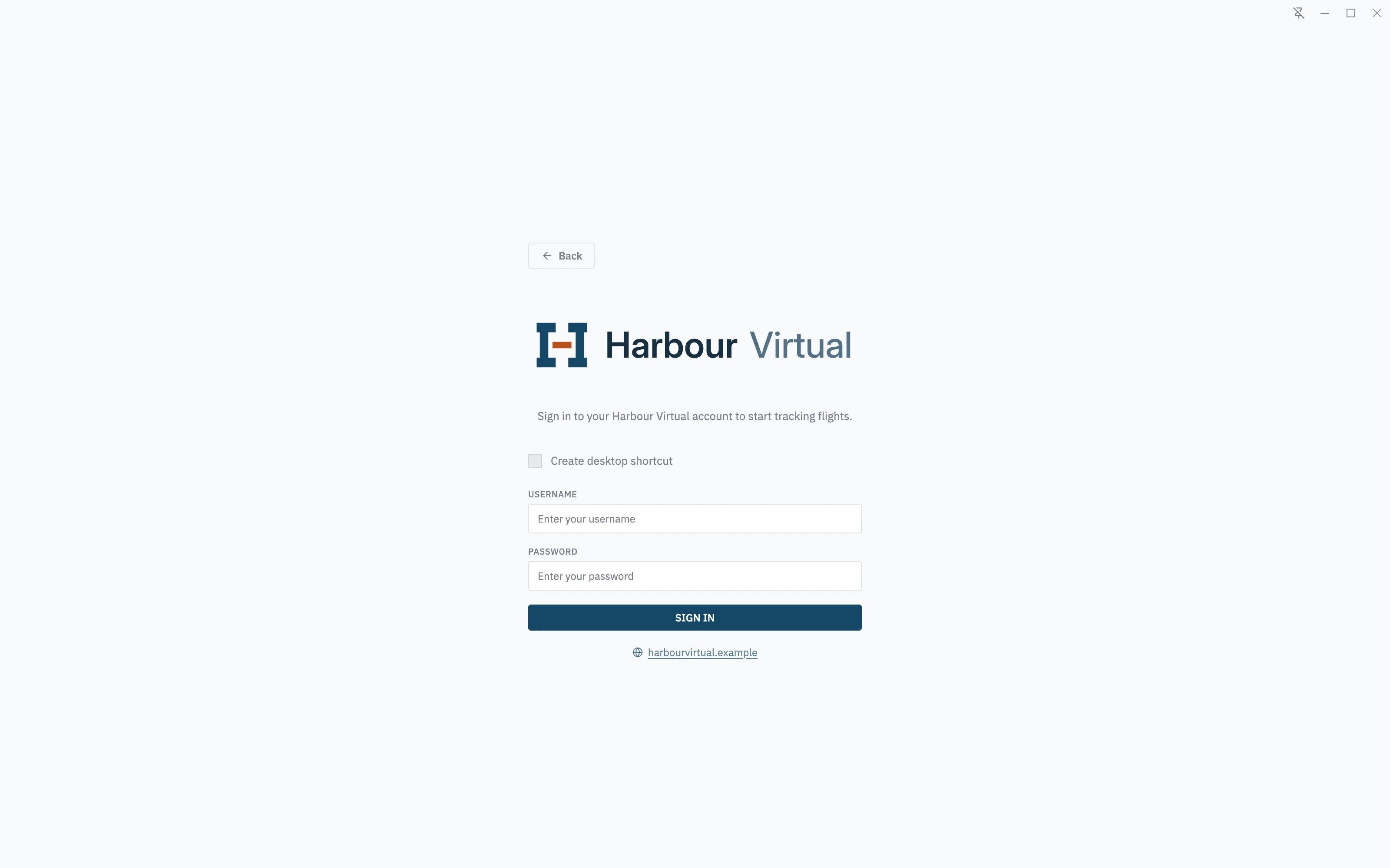 Harbour Virtual's sign-in page in Stratos: Create desktop shortcut, username and password, Sign In, and Back