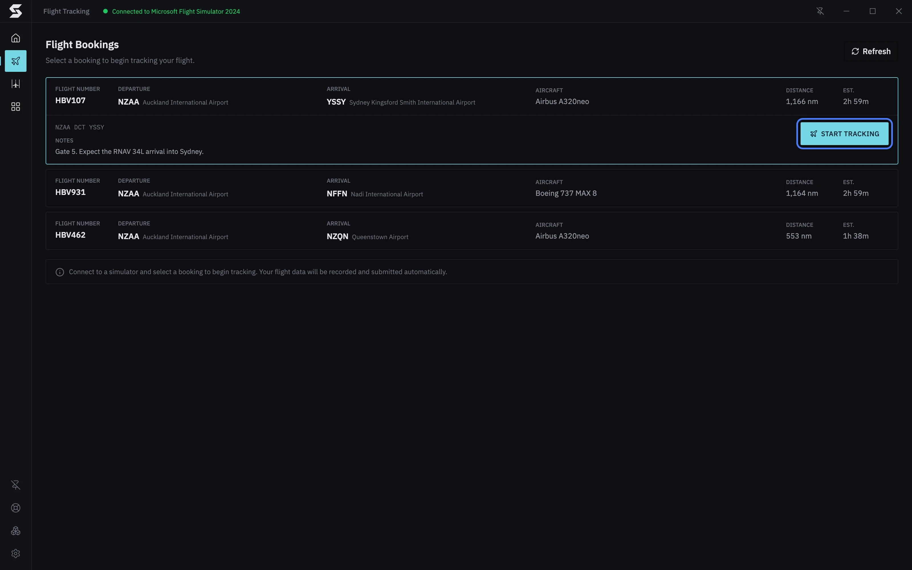 Flight Bookings with Stratos connected to Microsoft Flight Simulator 2024: HBV107 opened and its Start Tracking button ready