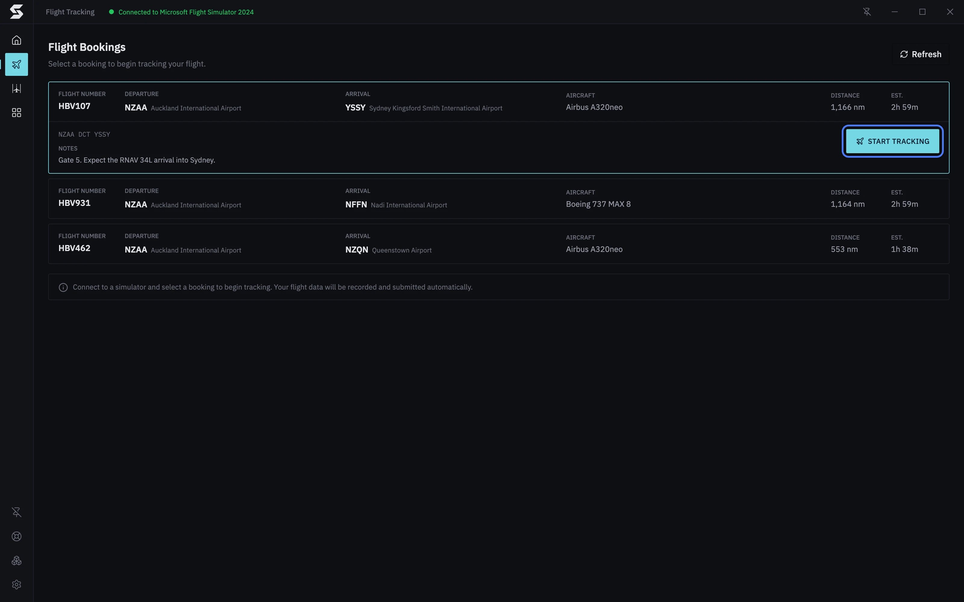 Flight Bookings with Stratos connected to Microsoft Flight Simulator 2024: HBV107 opened and its Start Tracking button ready