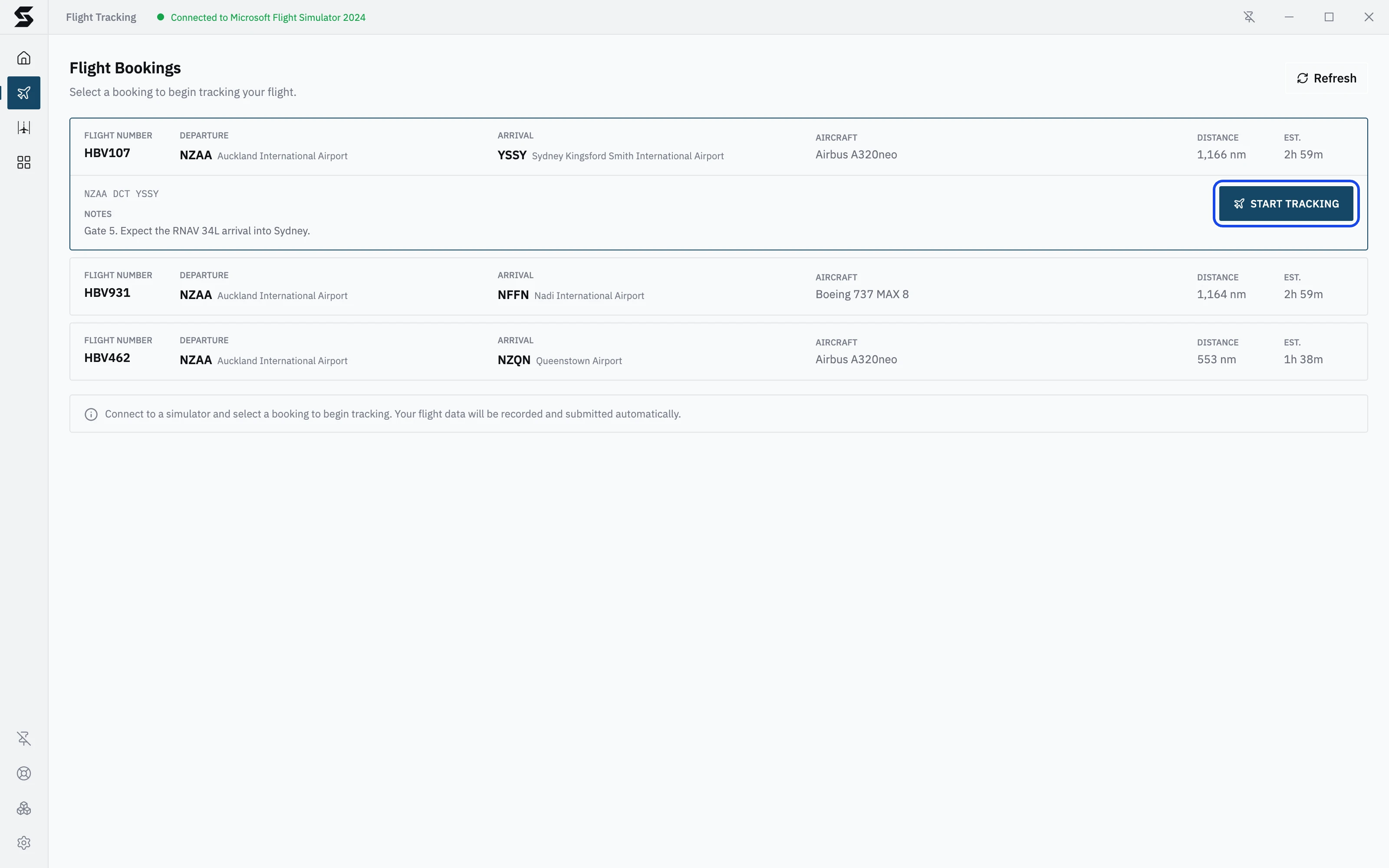 Flight Bookings with Stratos connected to Microsoft Flight Simulator 2024: HBV107 opened and its Start Tracking button ready