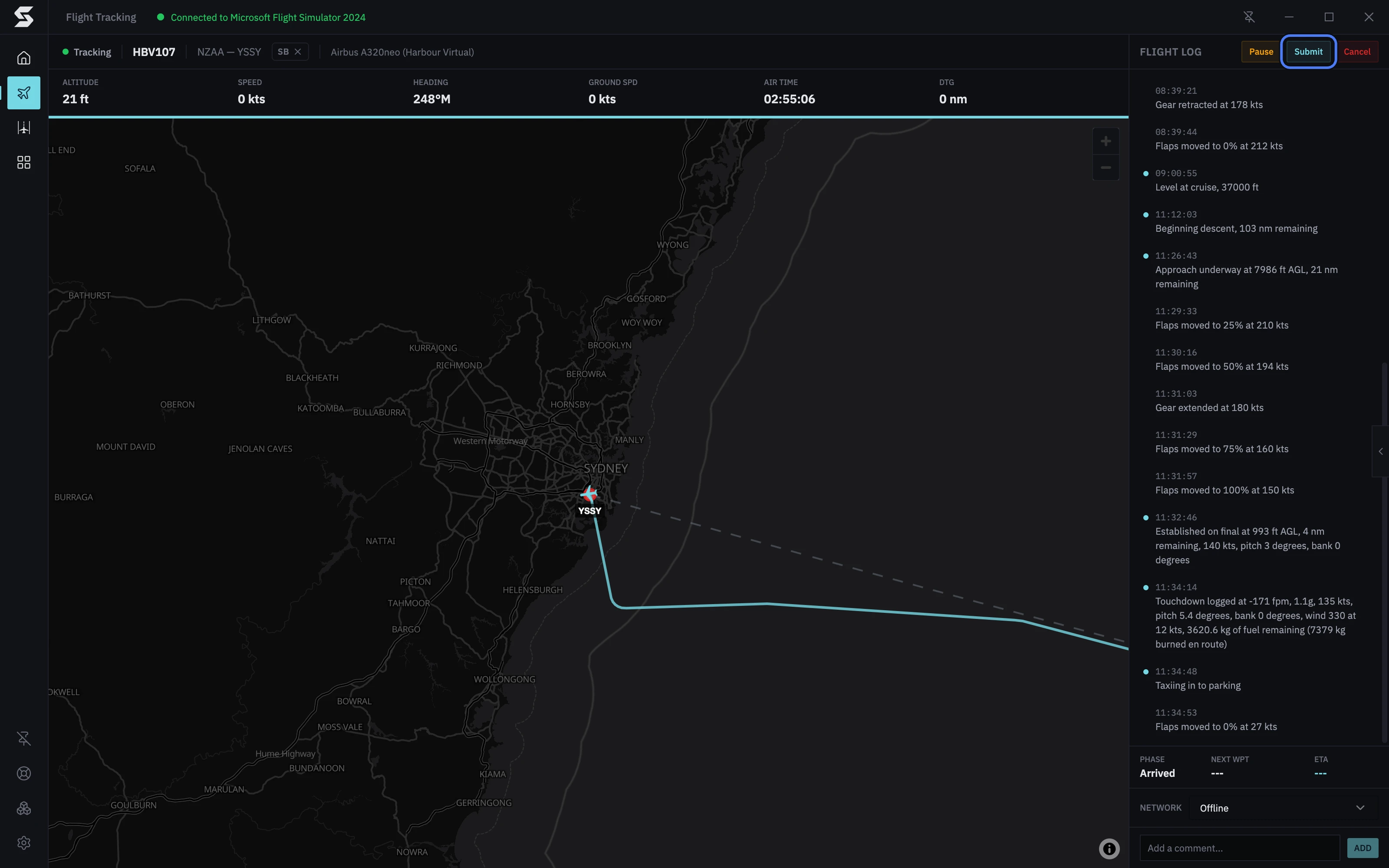 HBV107 parked at the gate in Sydney: the phase reads Arrived, and Submit at the top of the flight log is ready to press
