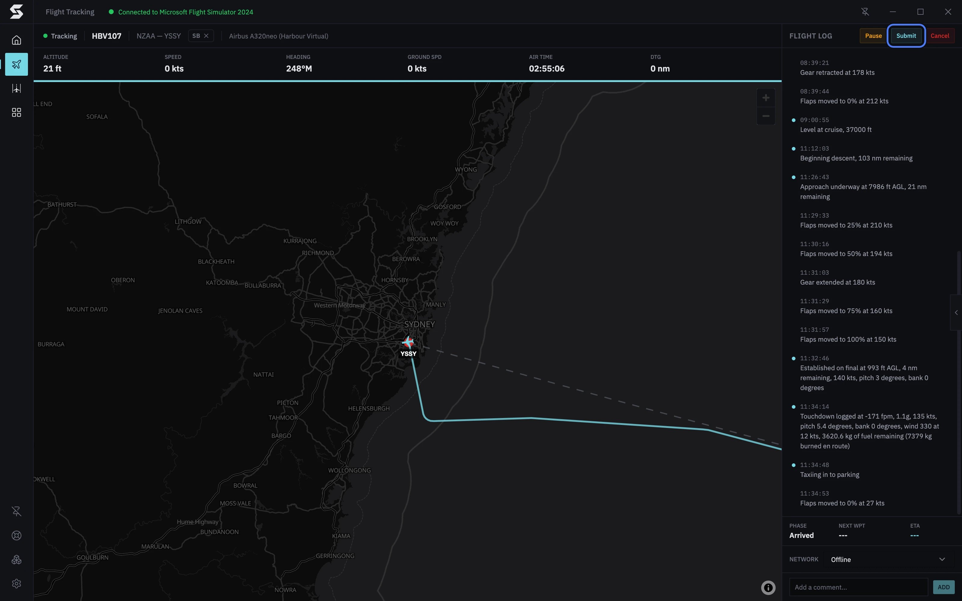 HBV107 parked at the gate in Sydney: the phase reads Arrived, and Submit at the top of the flight log is ready to press