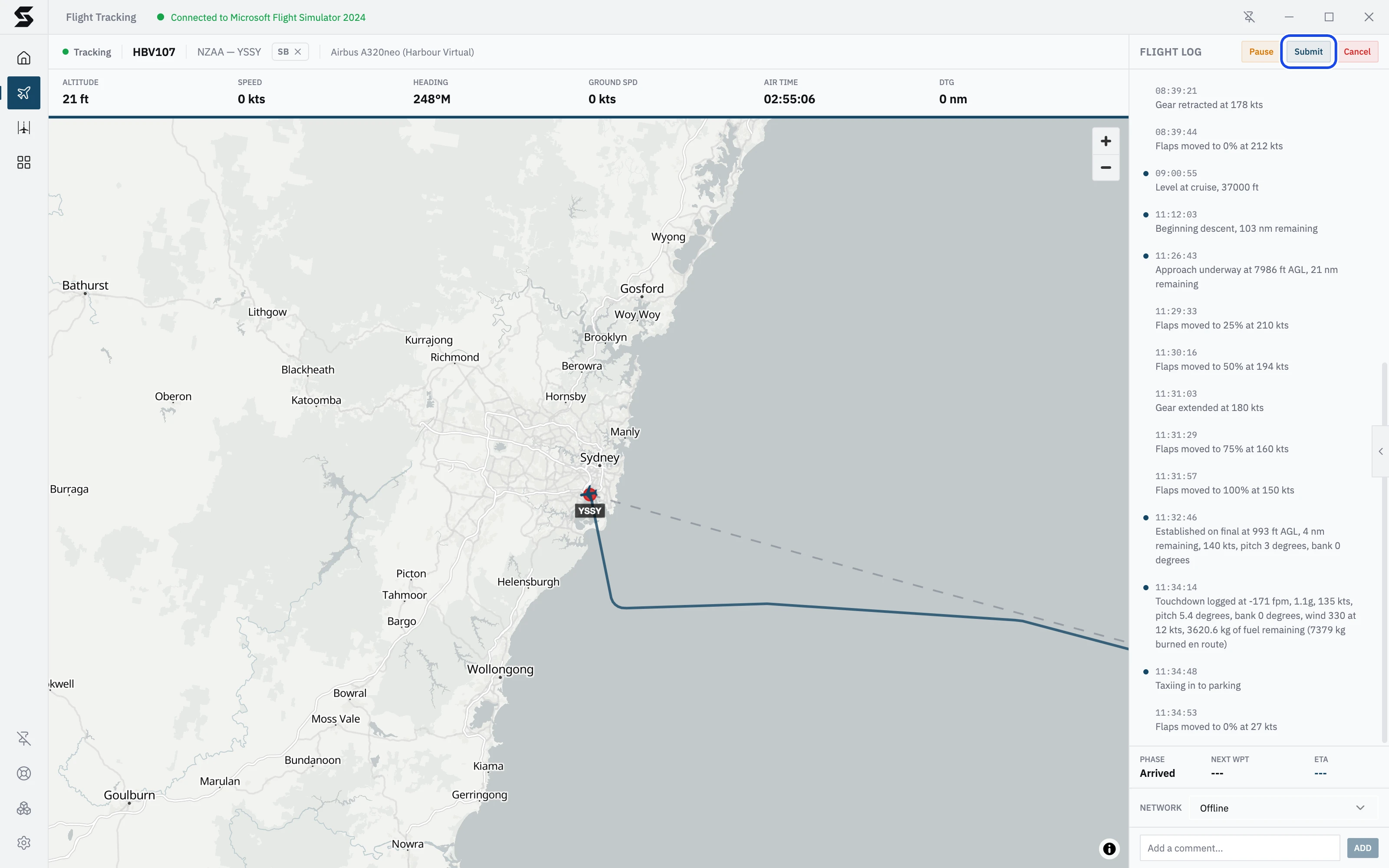 HBV107 parked at the gate in Sydney: the phase reads Arrived, and Submit at the top of the flight log is ready to press