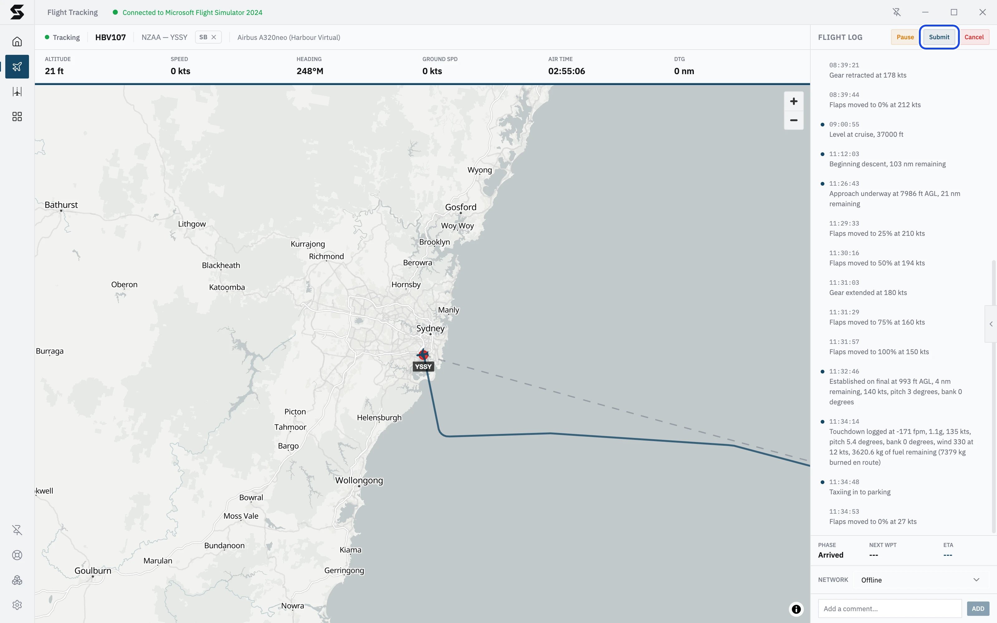 HBV107 parked at the gate in Sydney: the phase reads Arrived, and Submit at the top of the flight log is ready to press