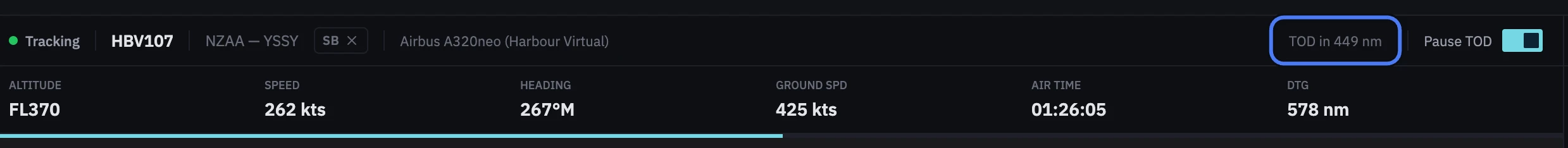 The tracking screen's header halfway to Sydney at FL370: TOD in 449 nm, the Pause TOD switch turned on, and 578 nm to go in the stats bar
