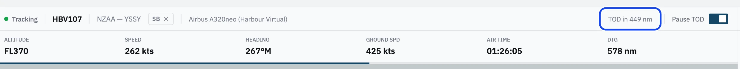 The tracking screen's header halfway to Sydney at FL370: TOD in 449 nm, the Pause TOD switch turned on, and 578 nm to go in the stats bar