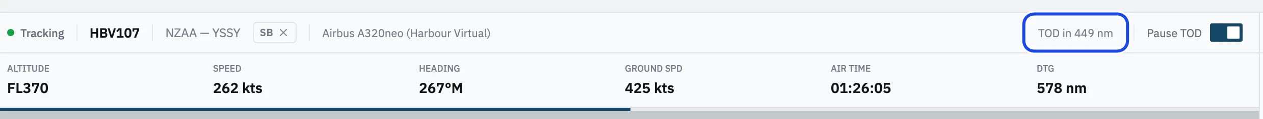 The tracking screen's header halfway to Sydney at FL370: TOD in 449 nm, the Pause TOD switch turned on, and 578 nm to go in the stats bar