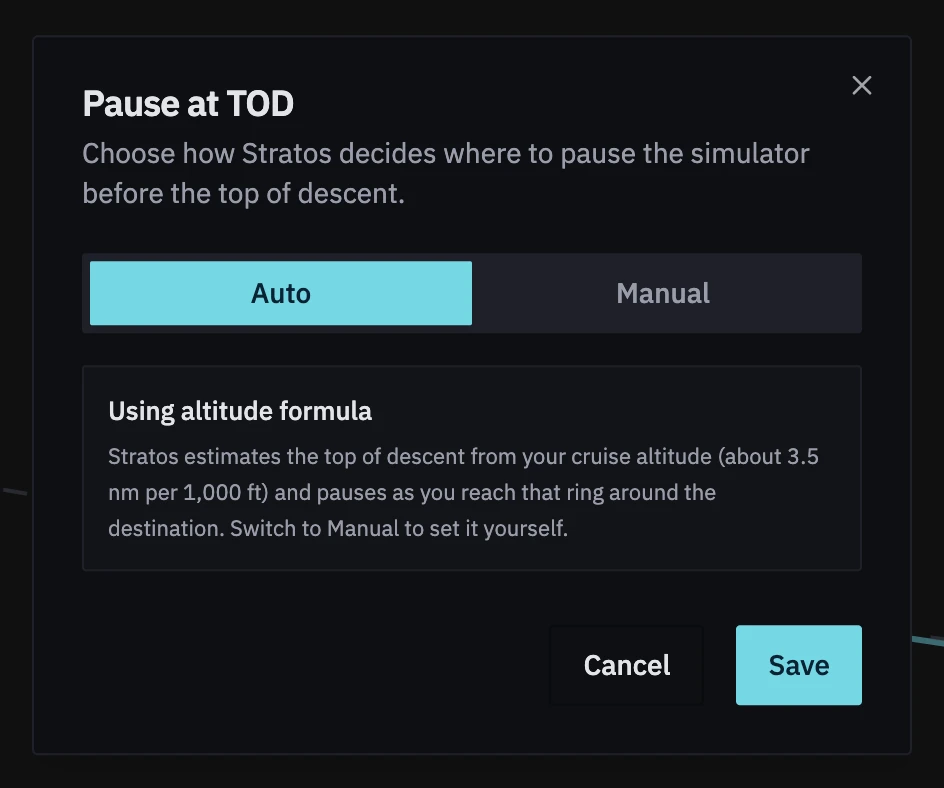 The Pause at TOD dialog on Auto: Using altitude formula, with Manual beside it, and Cancel and Save