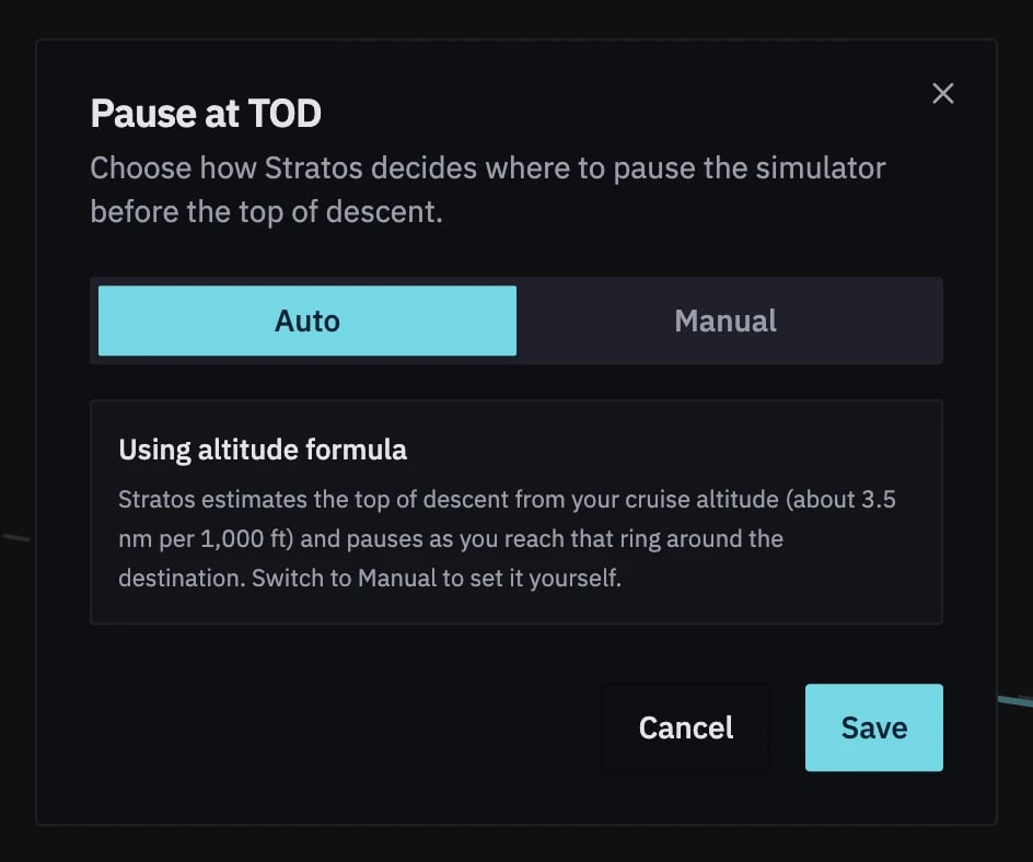 The Pause at TOD dialog on Auto: Using altitude formula, with Manual beside it, and Cancel and Save