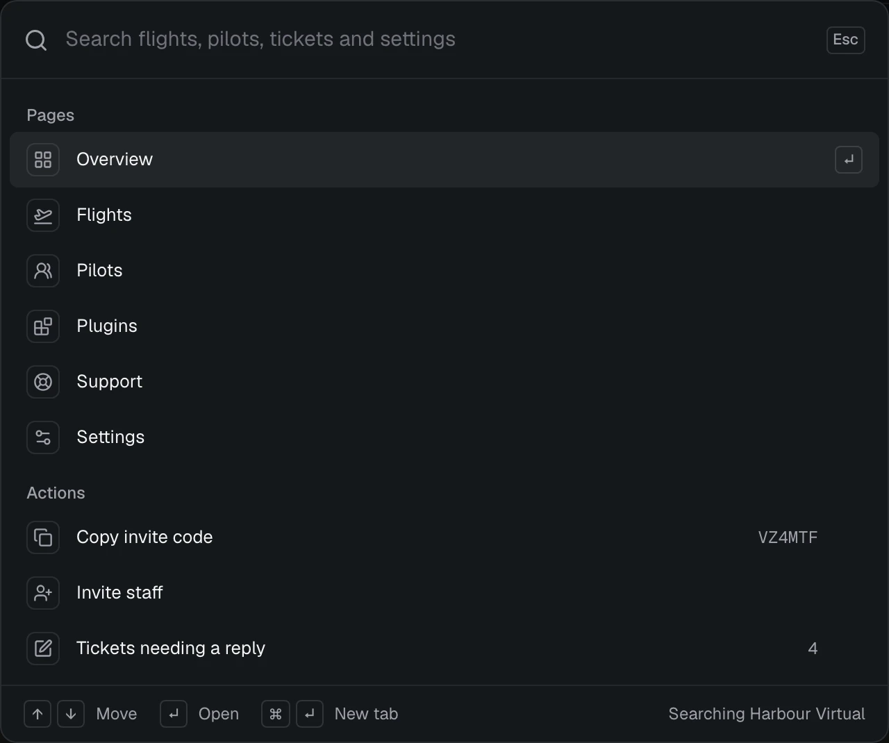 The command menu open over the airline: a search box, the pages and actions, and the keys along the bottom