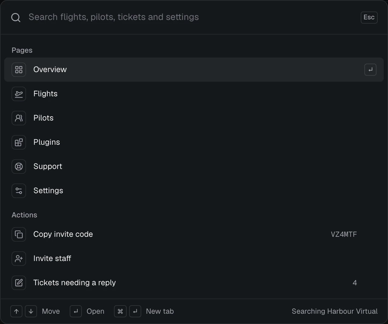 The command menu open over the airline: a search box, the pages and actions, and the keys along the bottom