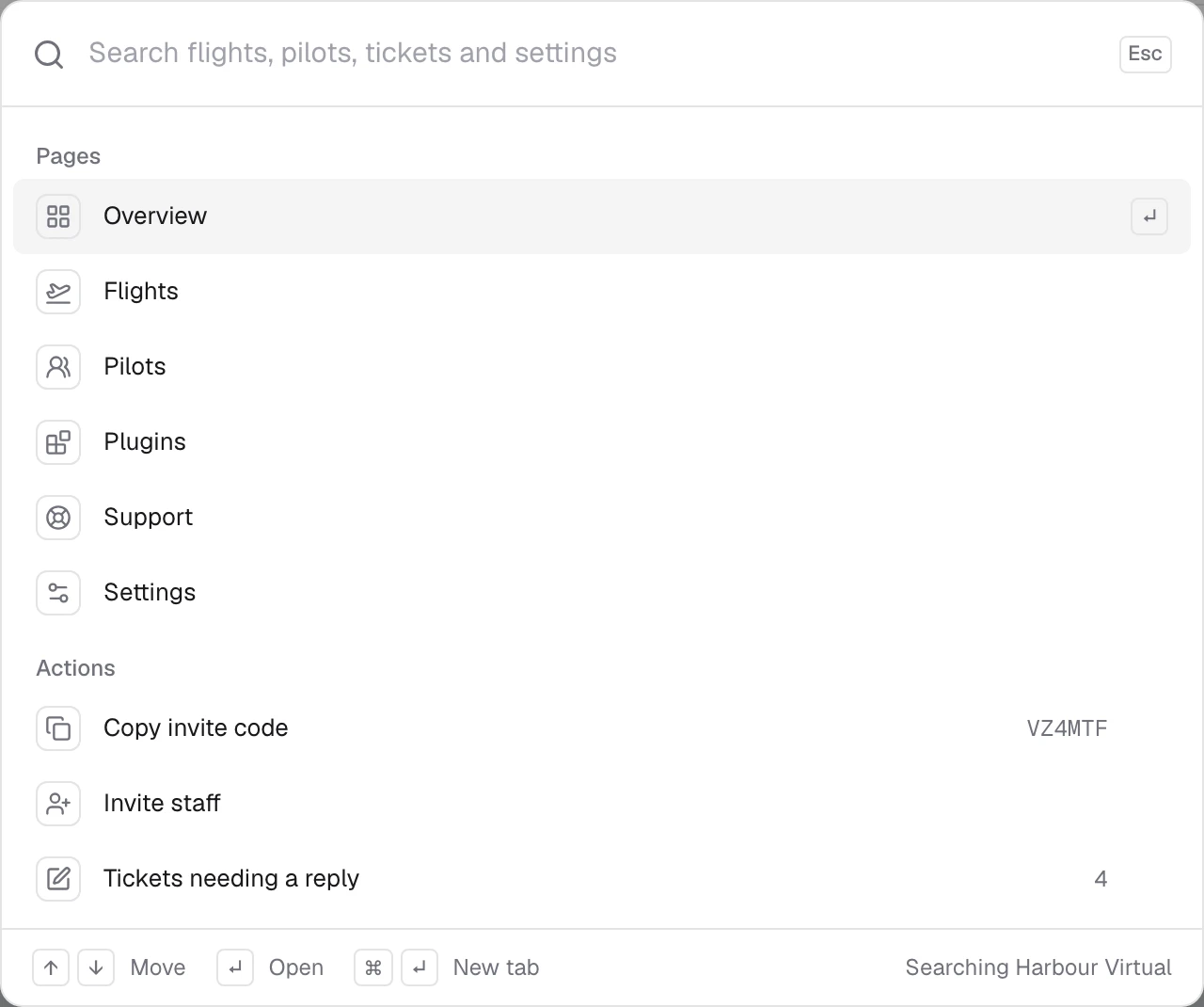 The command menu open over the airline: a search box, the pages and actions, and the keys along the bottom