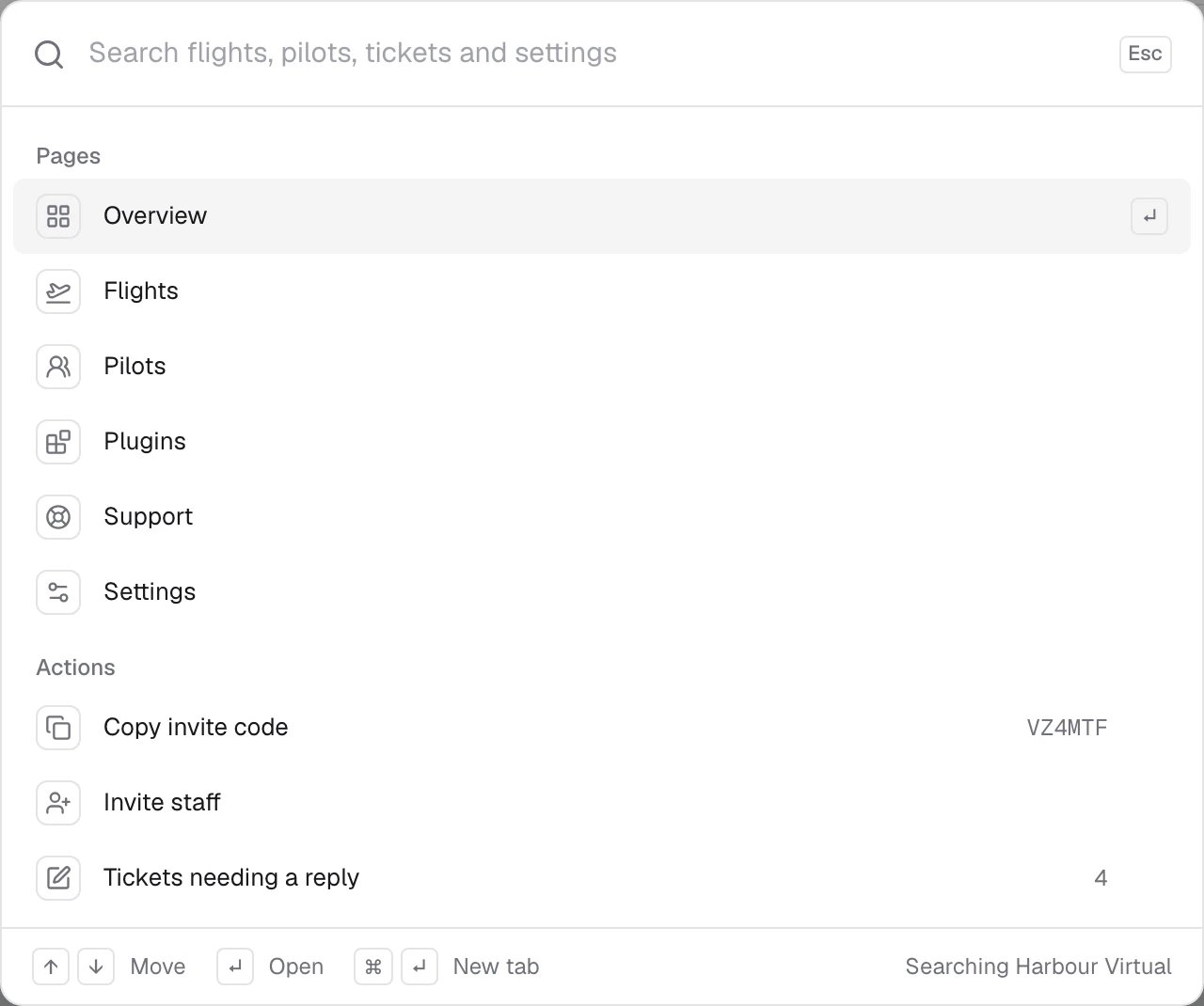 The command menu open over the airline: a search box, the pages and actions, and the keys along the bottom
