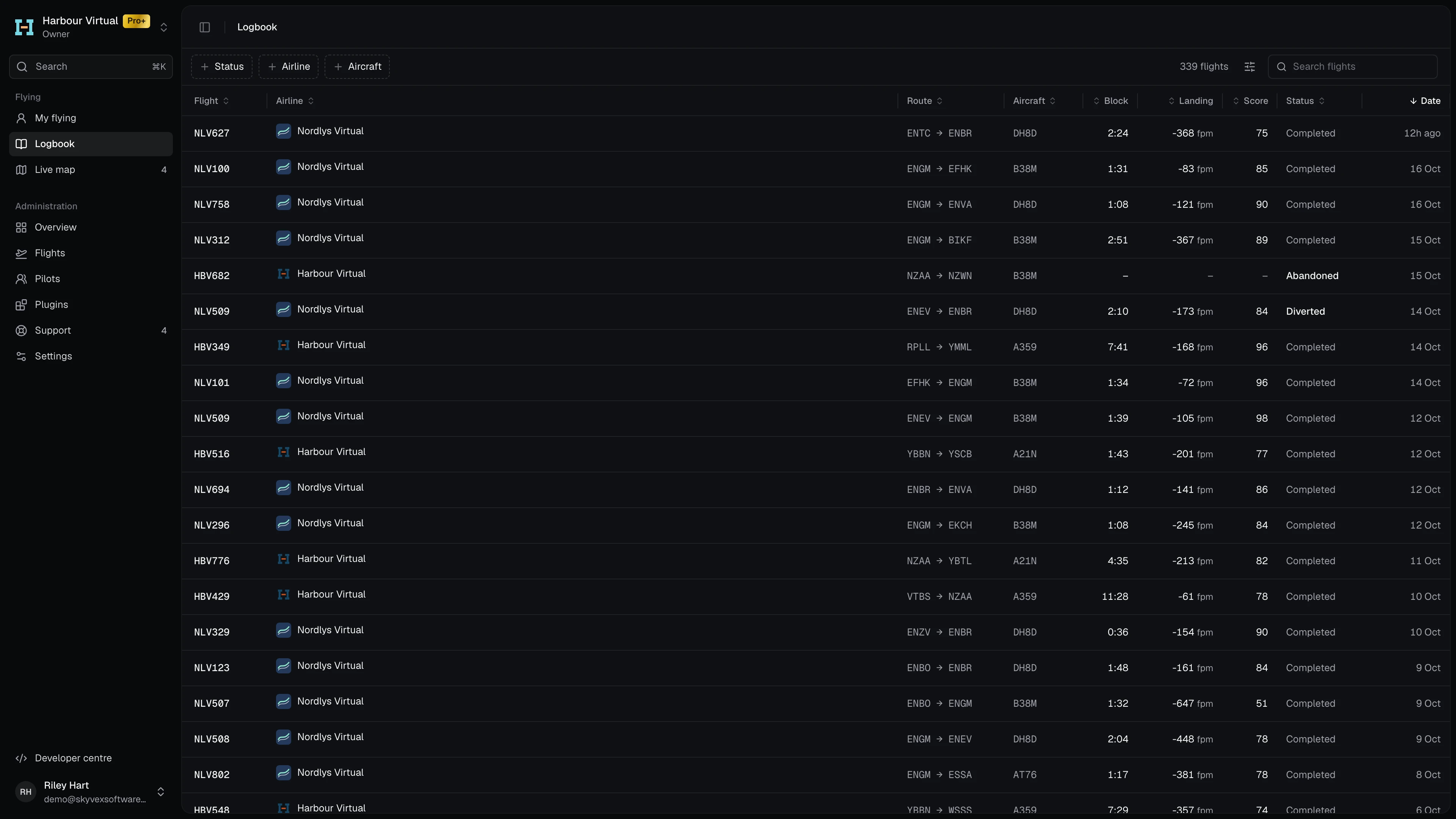 The Logbook: your flights at every airline, with Airline, Route, Aircraft, Block, Landing, Score, Status and Date