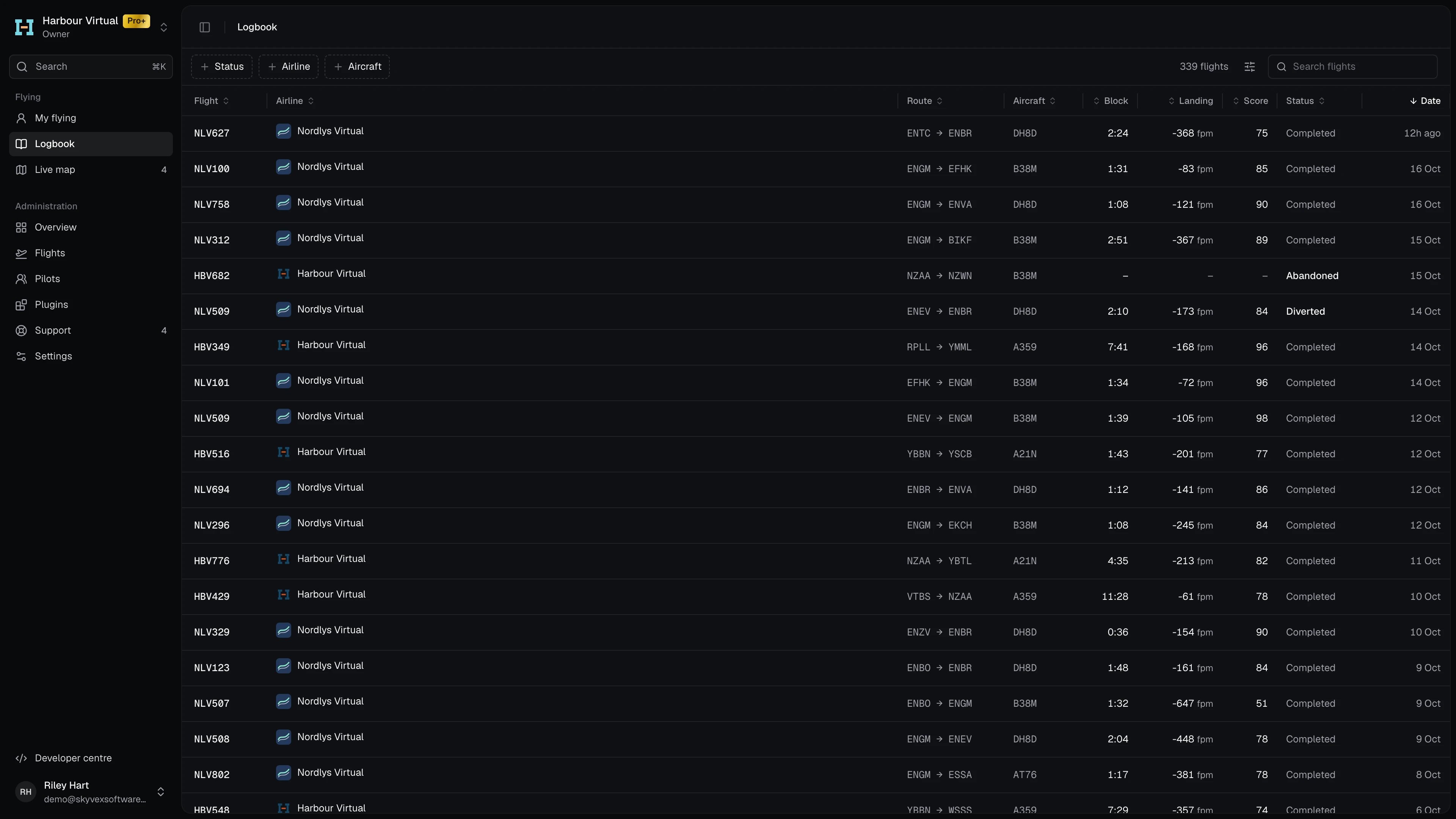 The Logbook: your flights at every airline, with Airline, Route, Aircraft, Block, Landing, Score, Status and Date