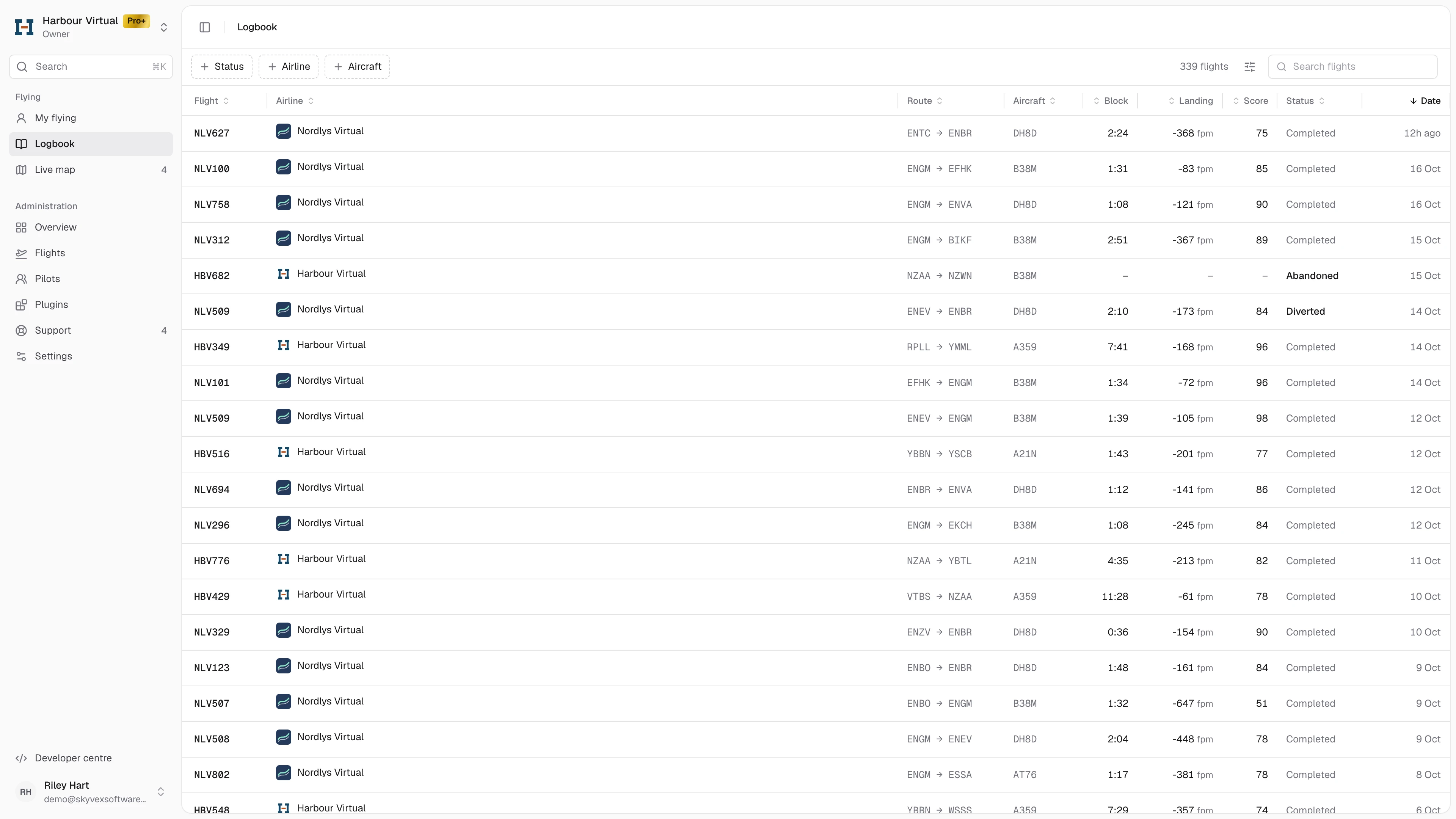 The Logbook: your flights at every airline, with Airline, Route, Aircraft, Block, Landing, Score, Status and Date