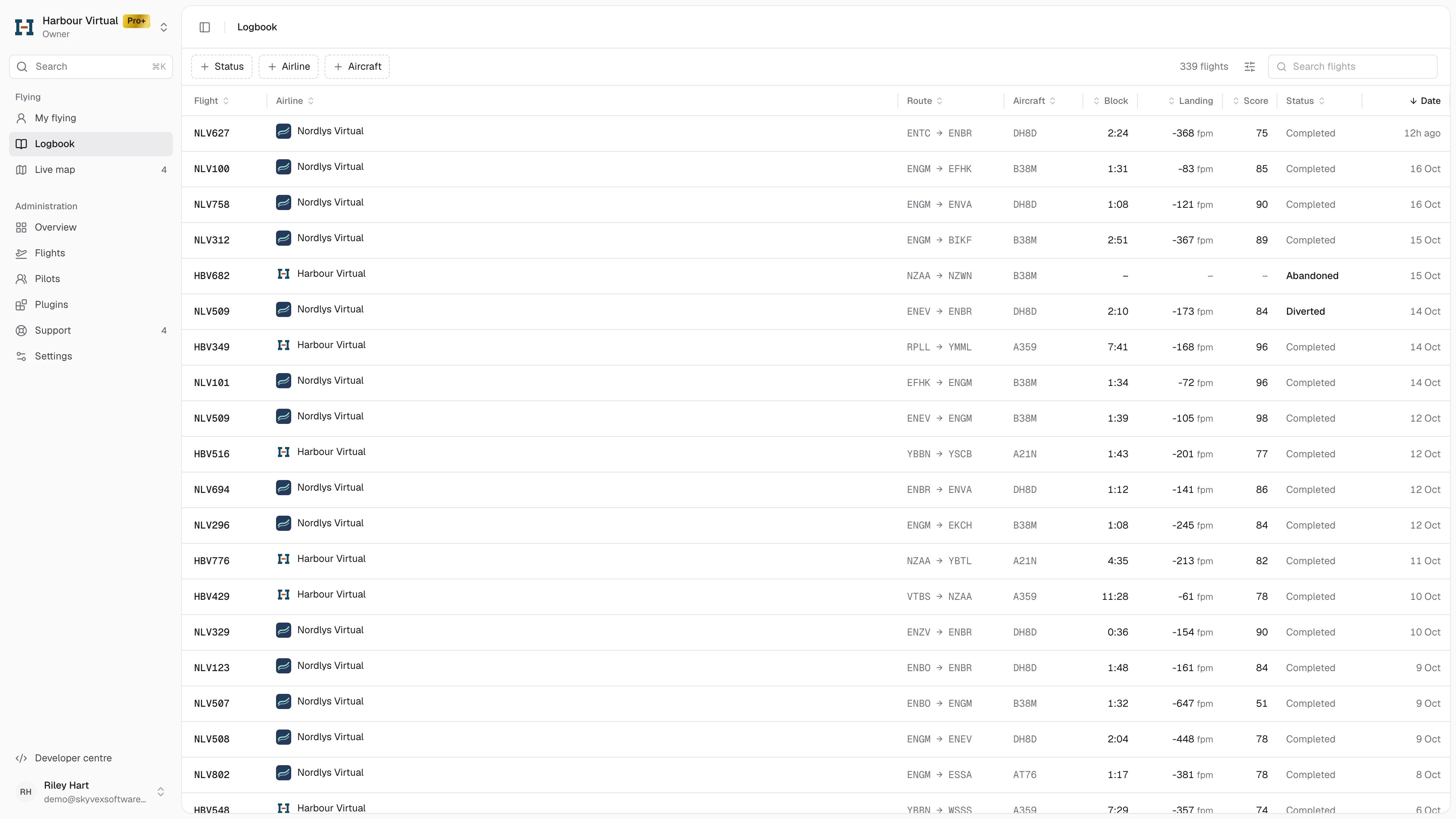 The Logbook: your flights at every airline, with Airline, Route, Aircraft, Block, Landing, Score, Status and Date