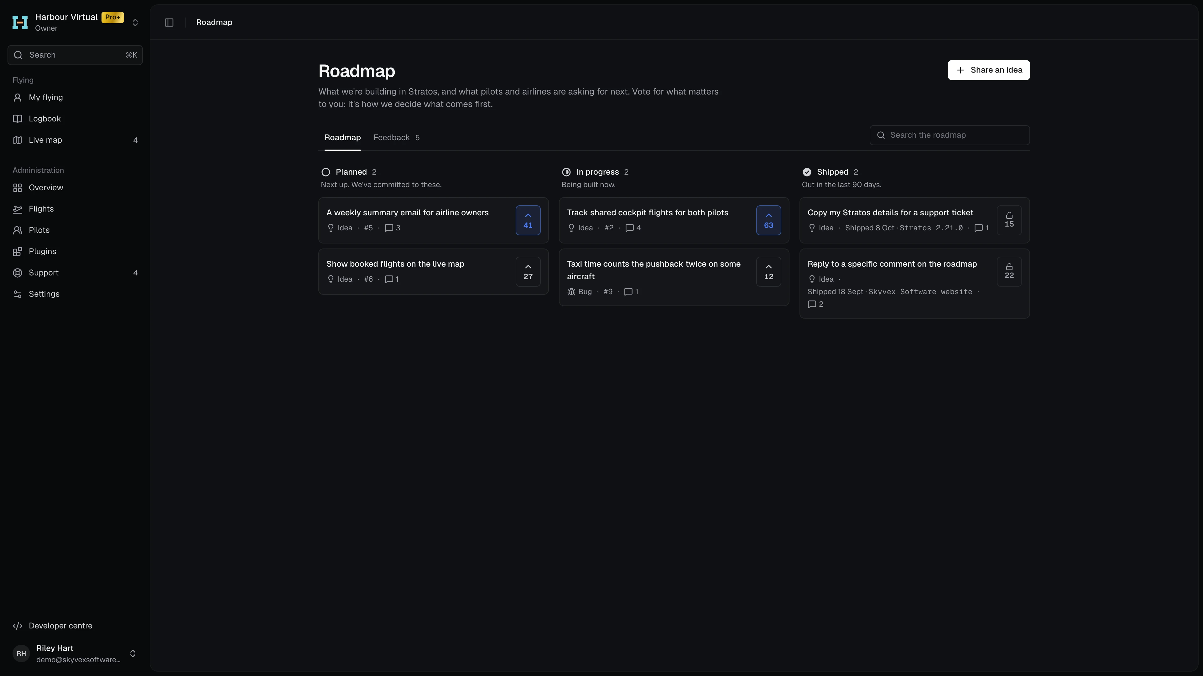 The roadmap: Planned, In progress and Shipped side by side, with Share an idea