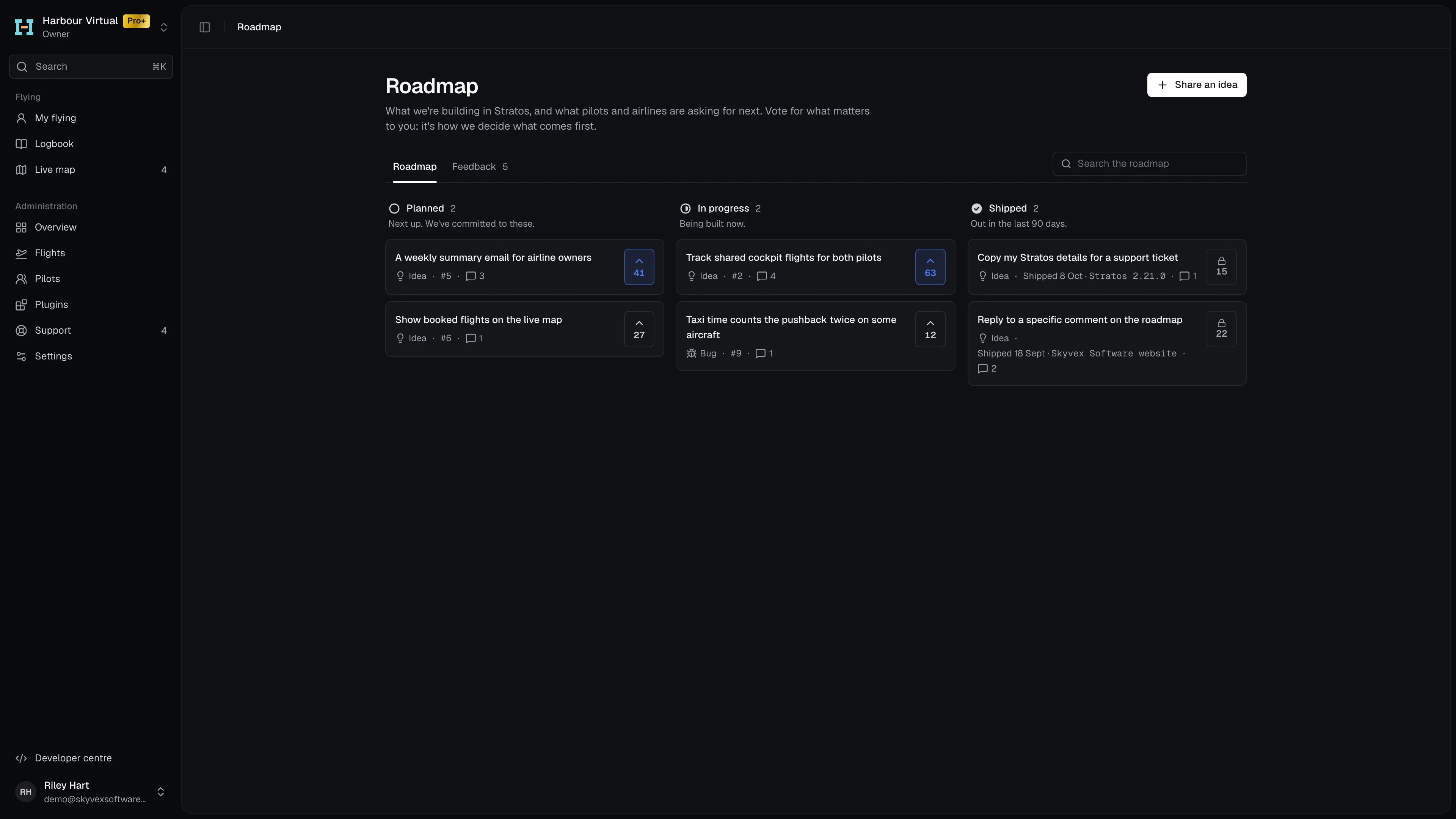 The roadmap: Planned, In progress and Shipped side by side, with Share an idea