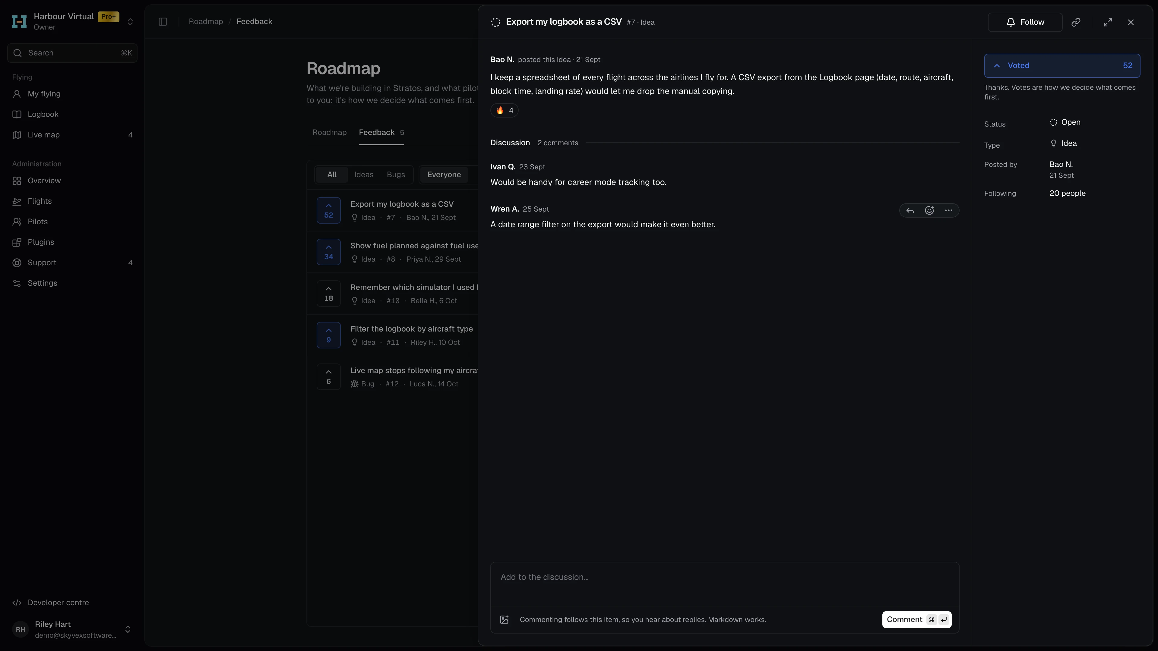 An open feedback item: its description, Vote and Follow, and the discussion with replies