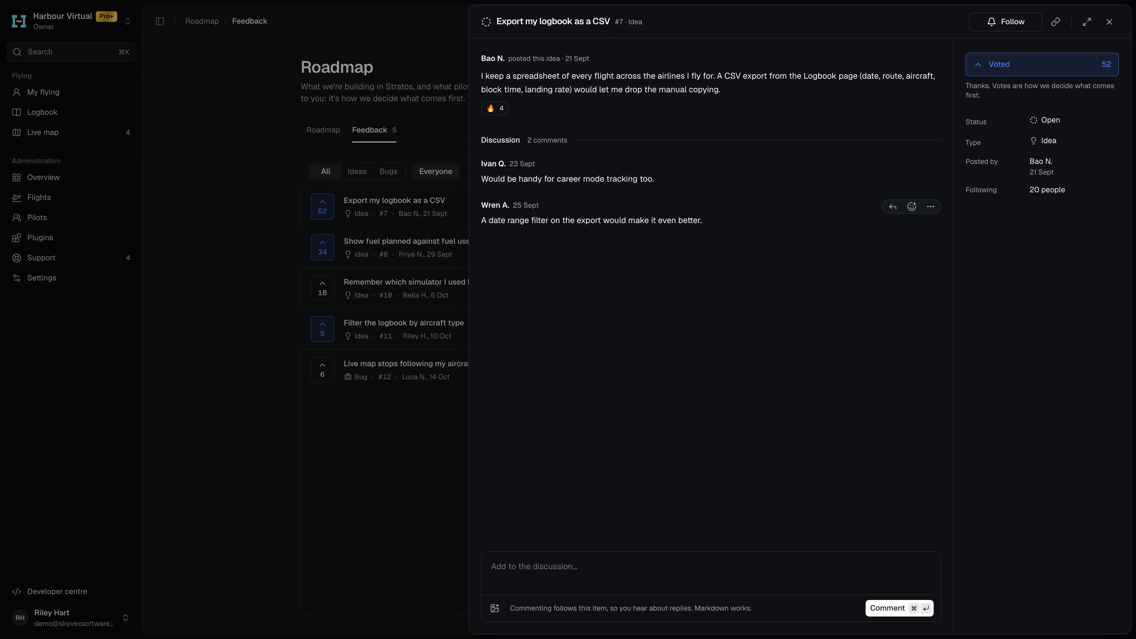 An open feedback item: its description, Vote and Follow, and the discussion with replies