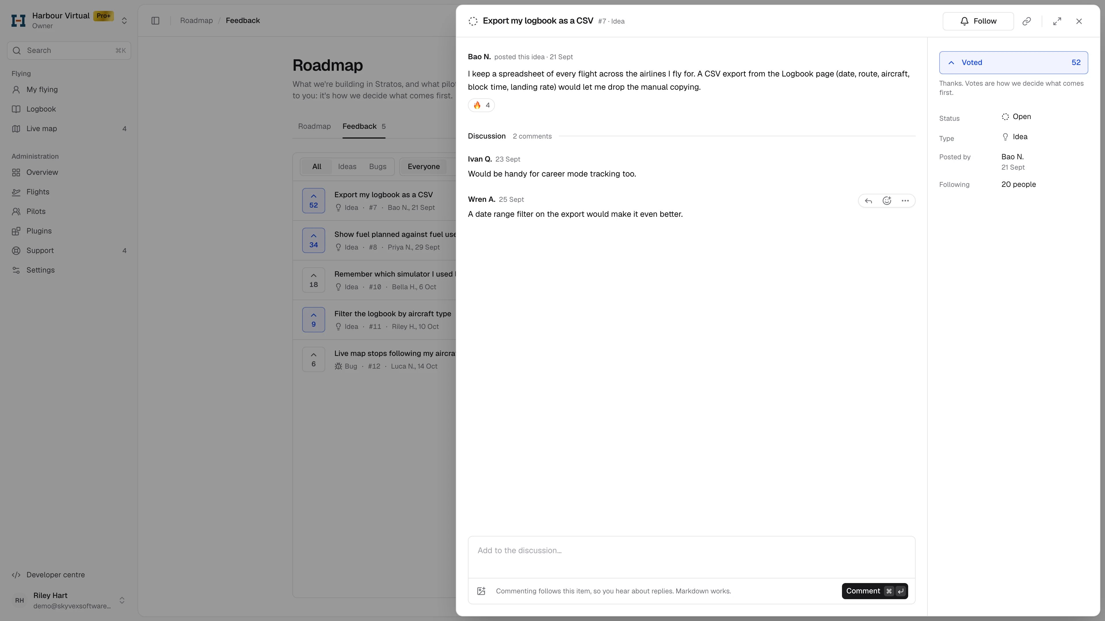An open feedback item: its description, Vote and Follow, and the discussion with replies