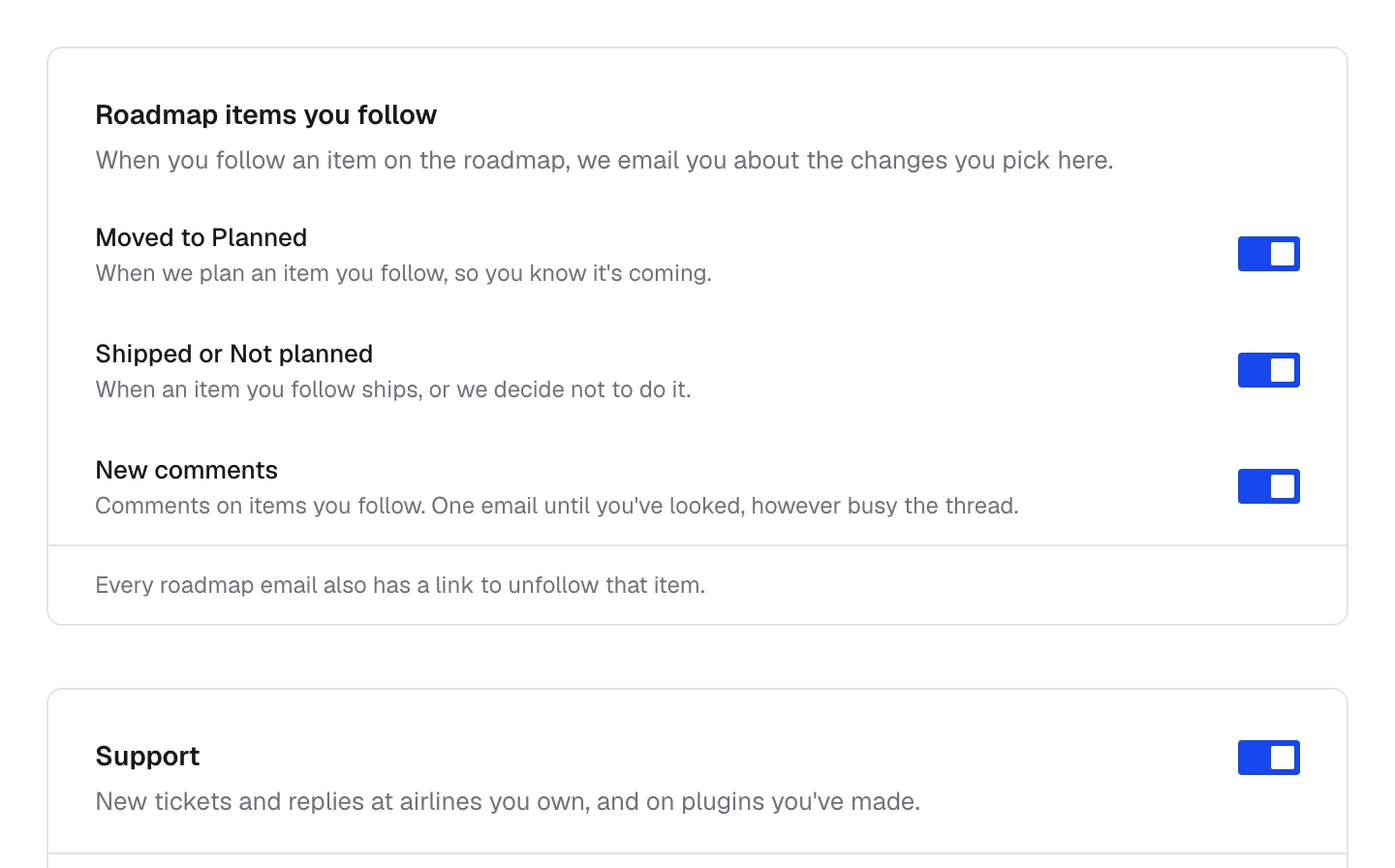 Notifications: Roadmap items you follow with its three switches, and the Support switch