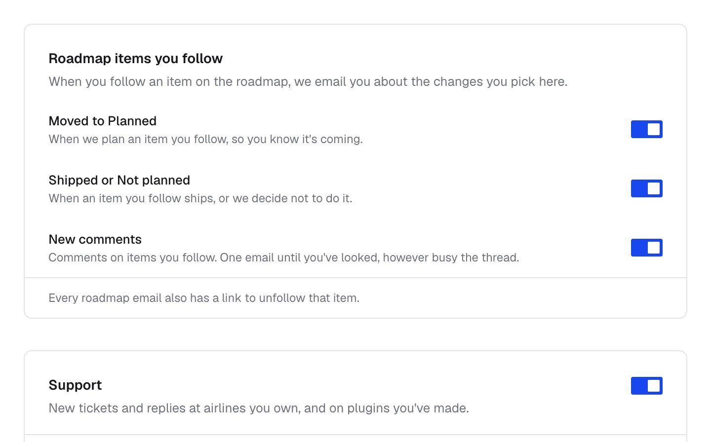 Notifications: Roadmap items you follow with its three switches, and the Support switch