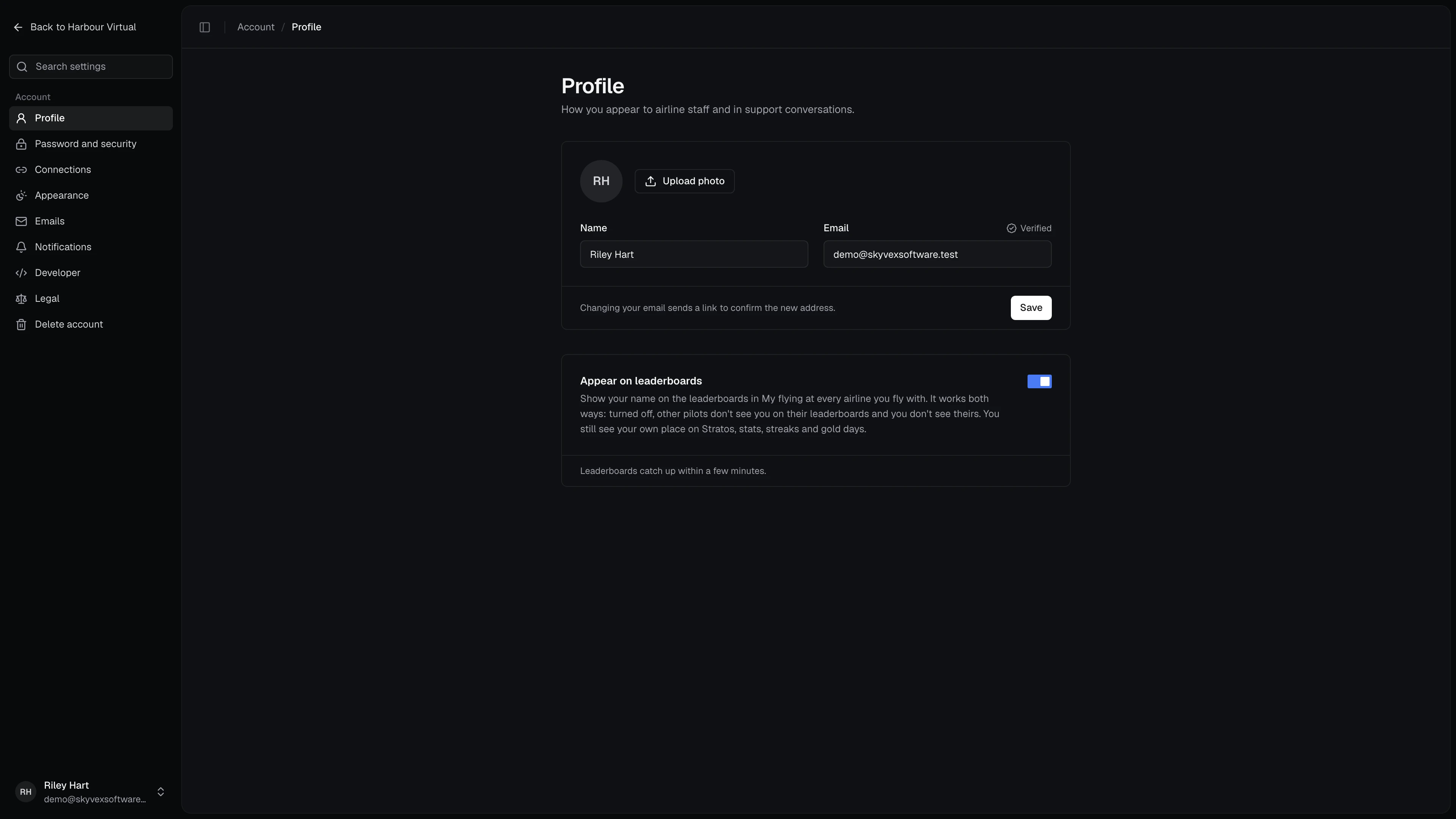 Account settings on Profile: the settings sections down the left, the name, email and photo card, and Appear on leaderboards