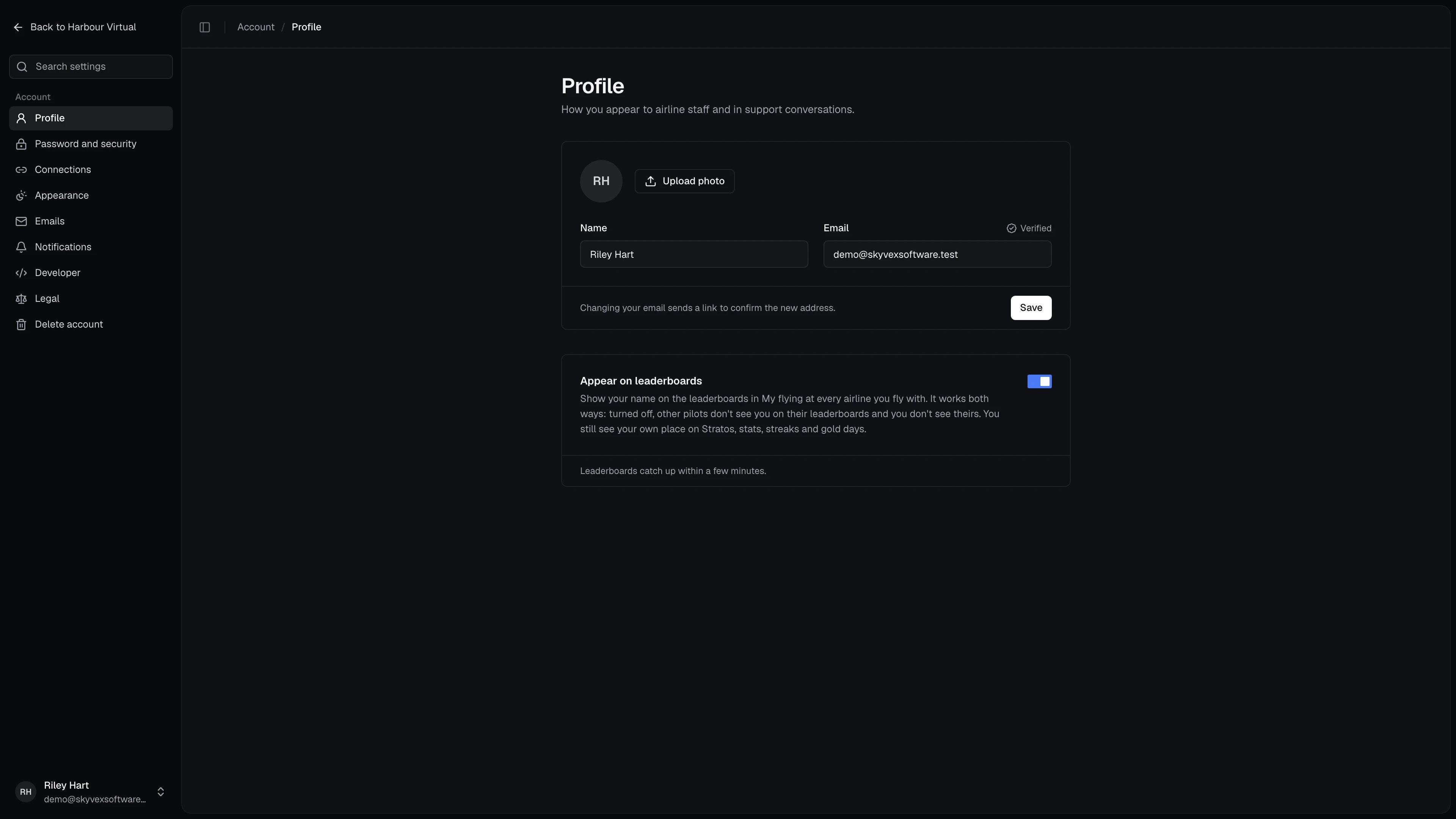 Account settings on Profile: the settings sections down the left, the name, email and photo card, and Appear on leaderboards