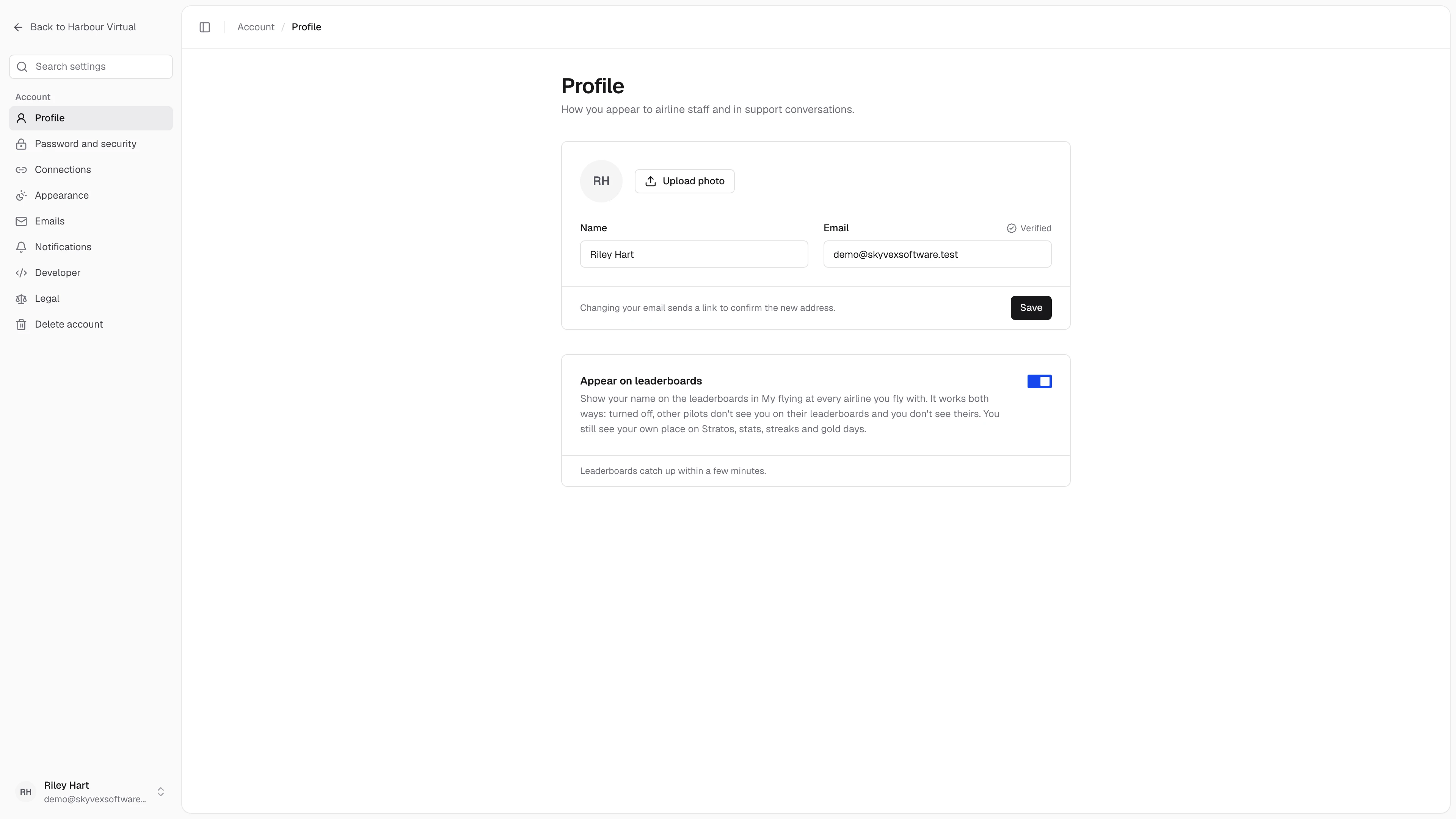 Account settings on Profile: the settings sections down the left, the name, email and photo card, and Appear on leaderboards
