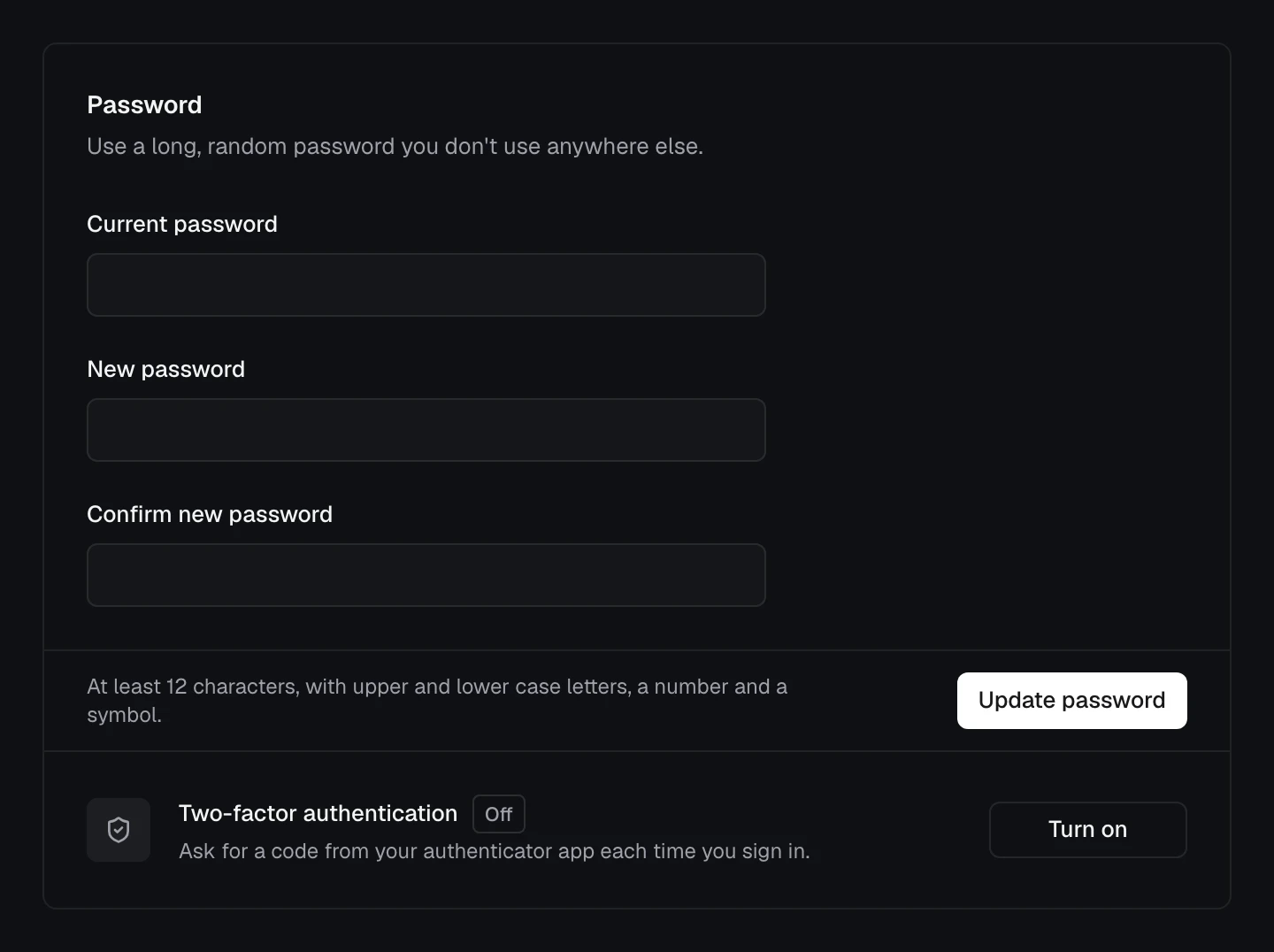 Password and security: the password form, and the Two-factor authentication row with Turn on