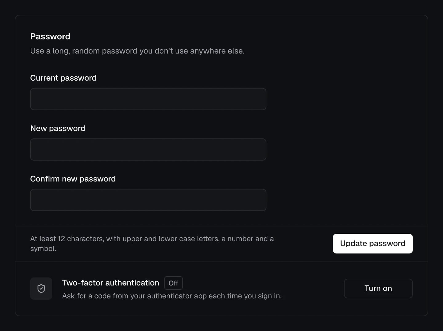 Password and security: the password form, and the Two-factor authentication row with Turn on