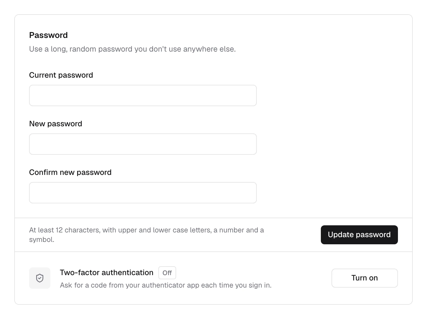 Password and security: the password form, and the Two-factor authentication row with Turn on