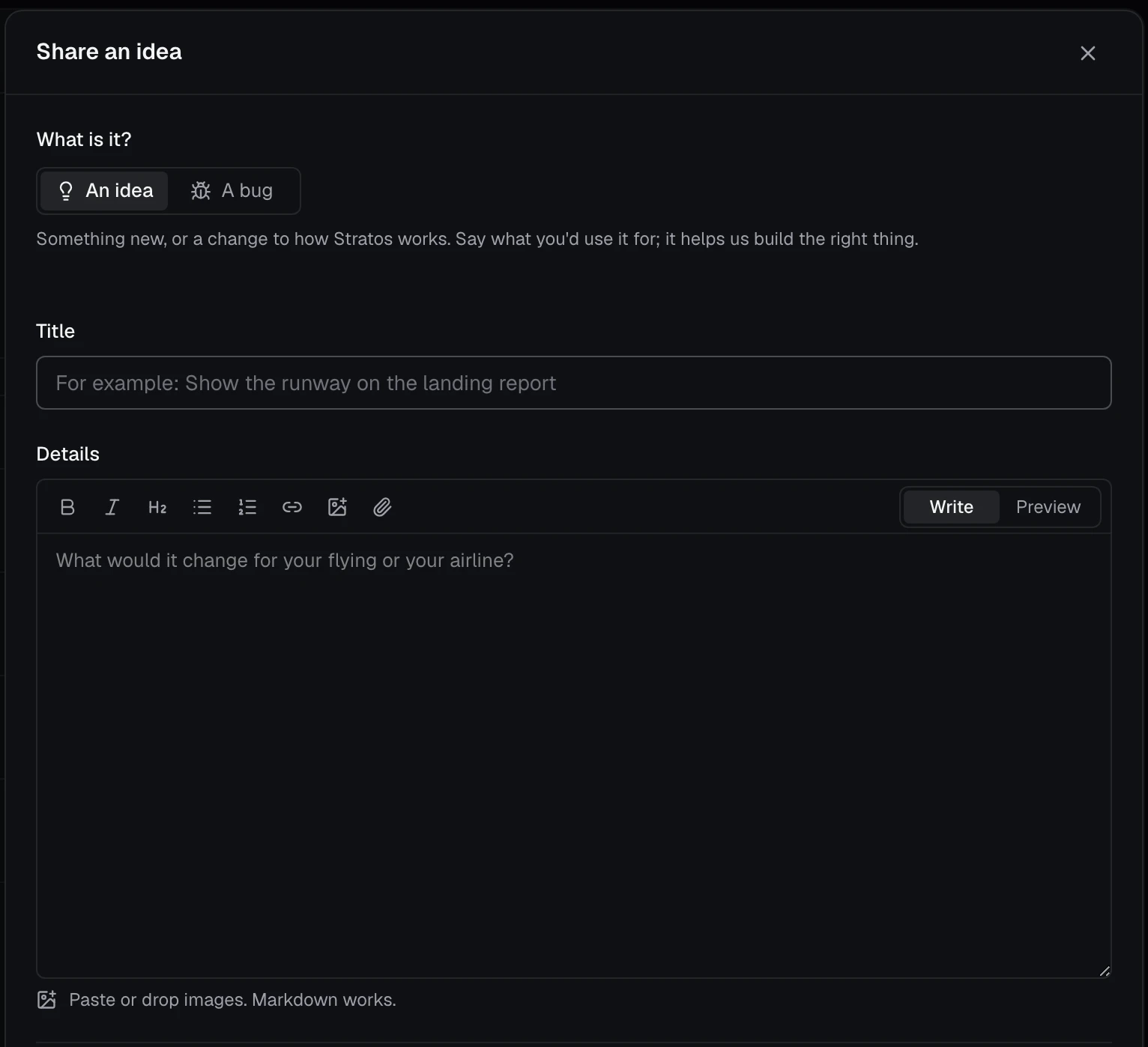 Share an idea: choose an idea or a bug, then a title and details