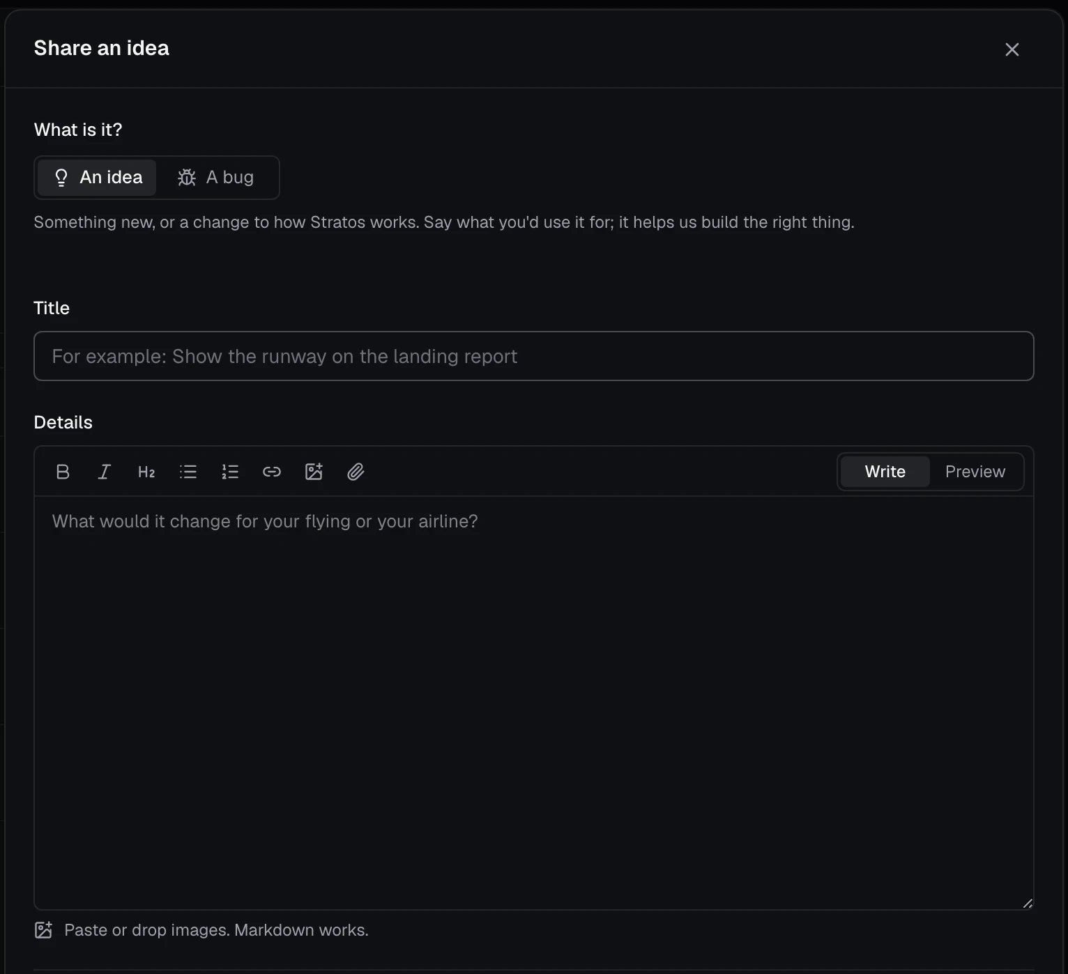 Share an idea: choose an idea or a bug, then a title and details