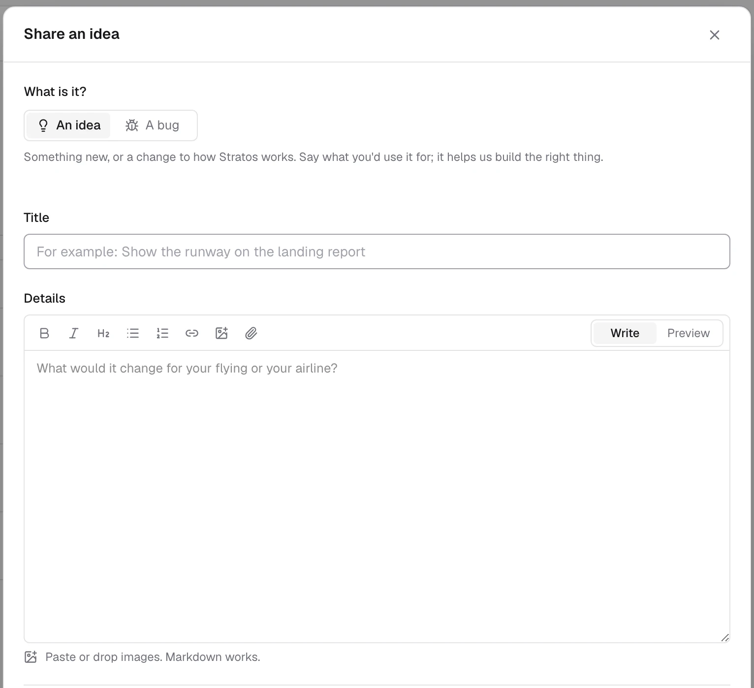Share an idea: choose an idea or a bug, then a title and details