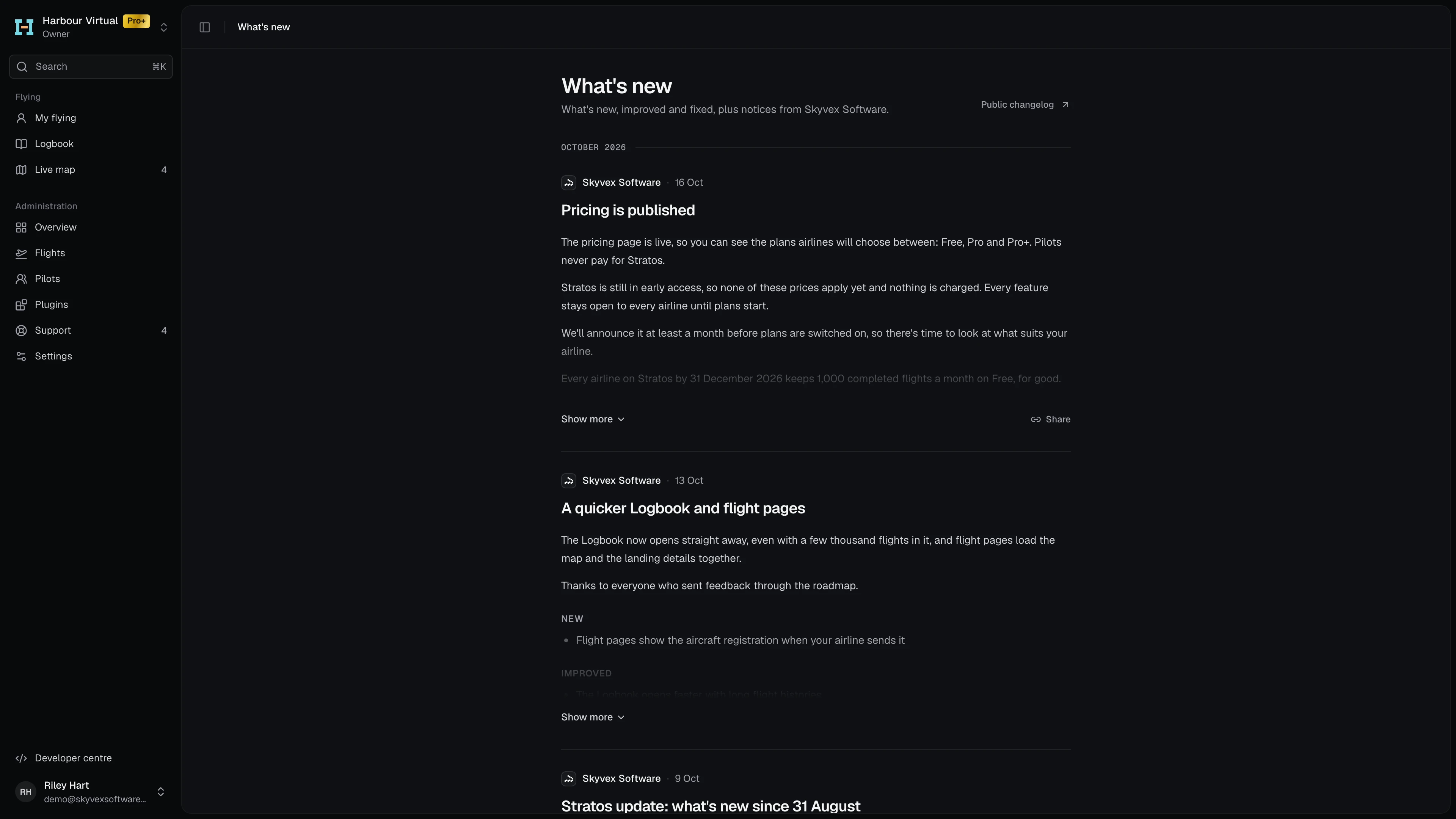 What's new: posts by month, newest first, with Public changelog at the top