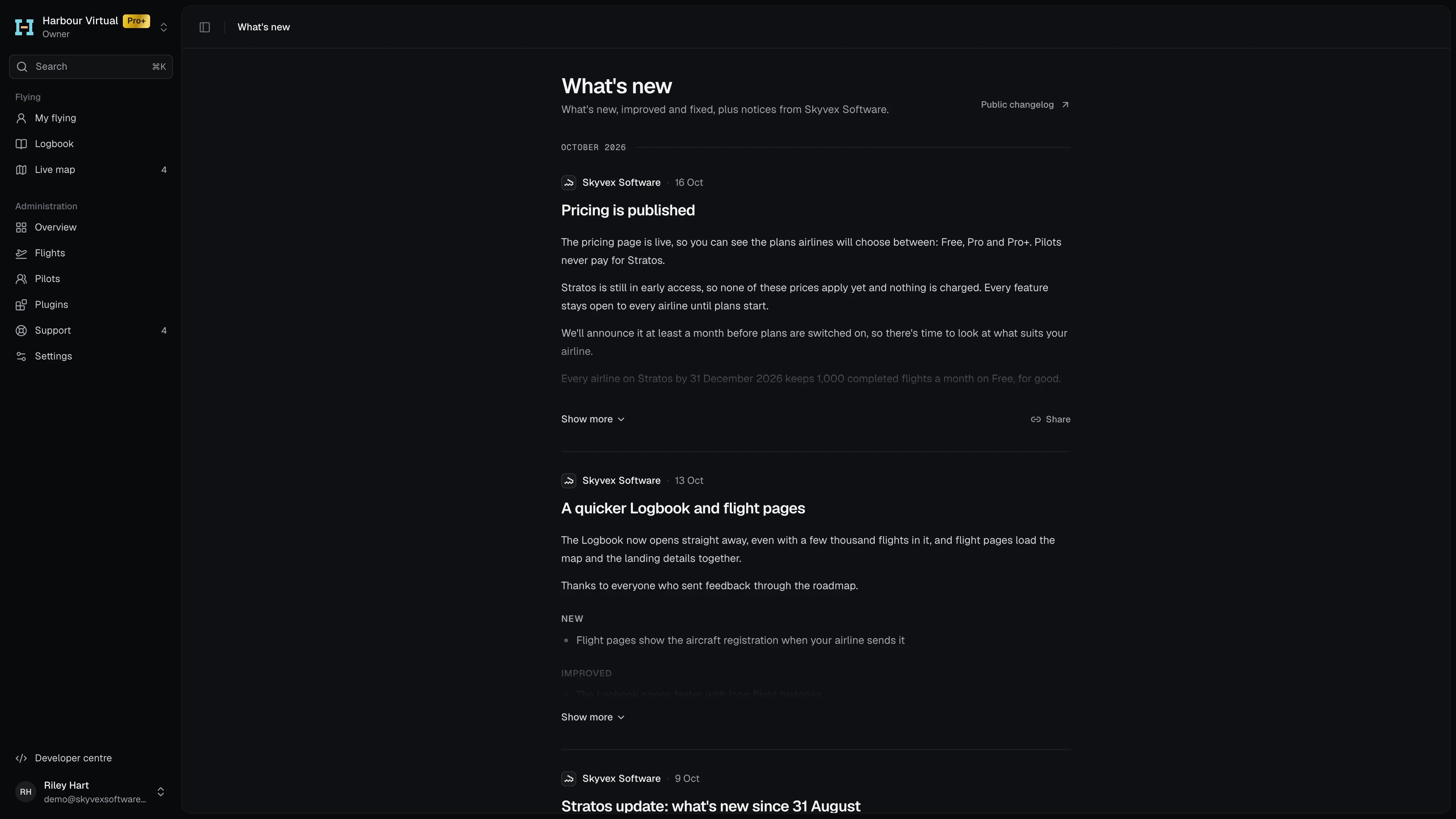 What's new: posts by month, newest first, with Public changelog at the top