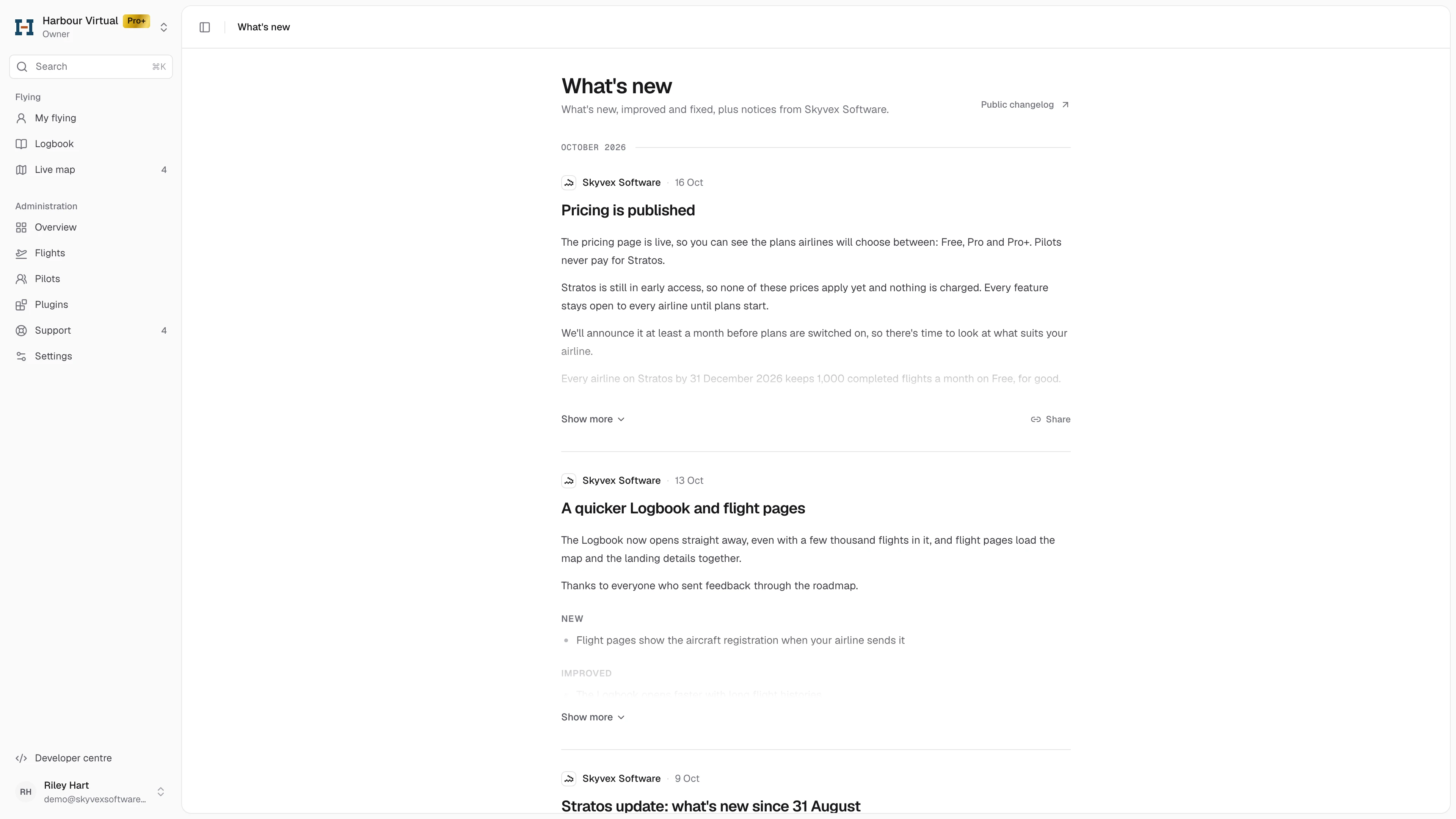 What's new: posts by month, newest first, with Public changelog at the top